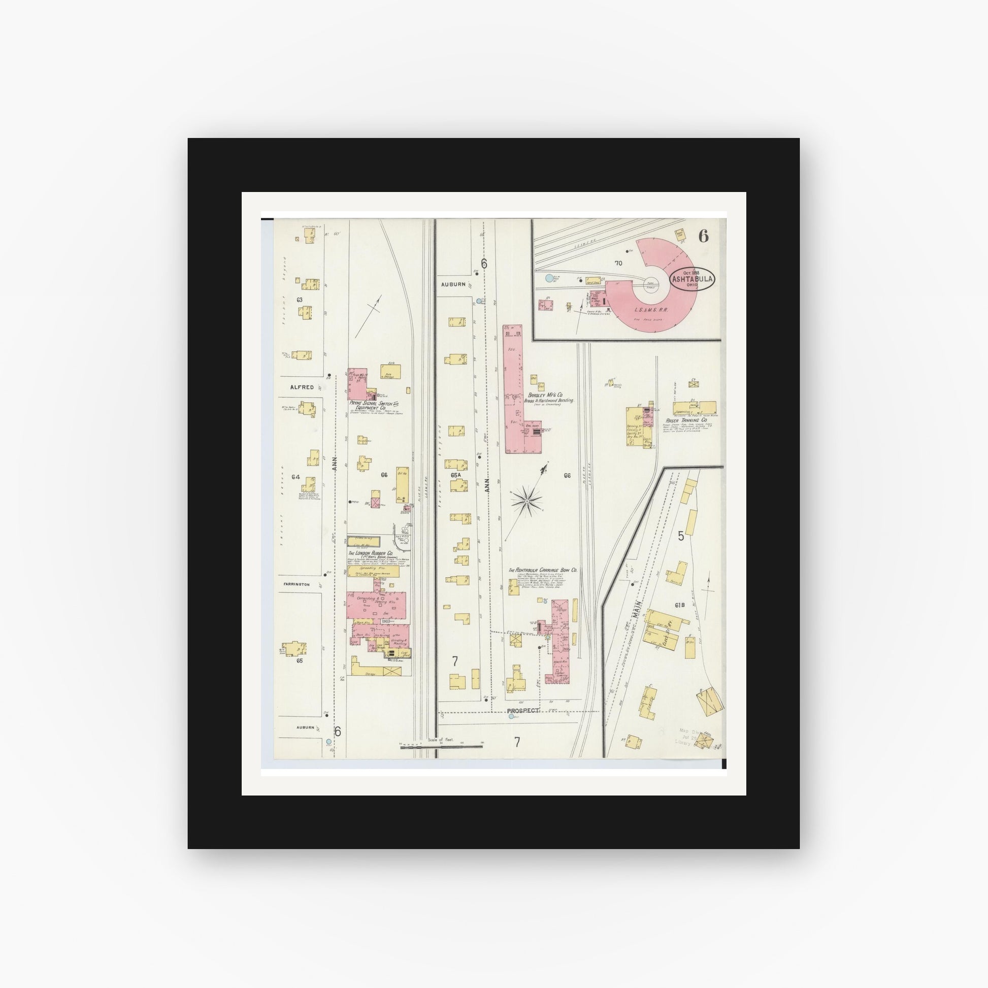 Old map wall art mockup — black gallery frame with white mat — Sanborn Fire Insurance Map from Ashtabula, Ashtabula County, Ohio (1898), Sheet #0006