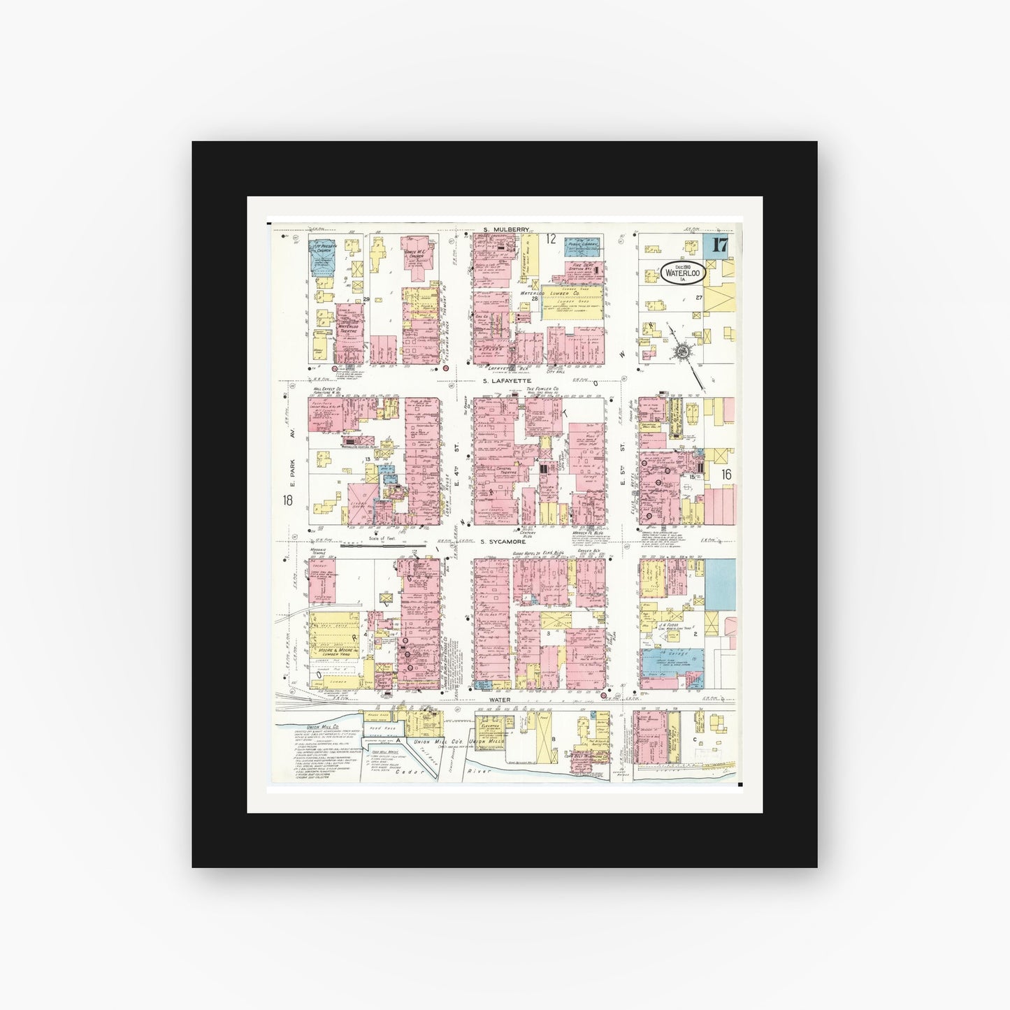 Old map wall art mockup — black gallery frame with white mat — Sanborn Fire Insurance Map from Waterloo, Black Hawk County, Iowa (1910), Sheet #0017