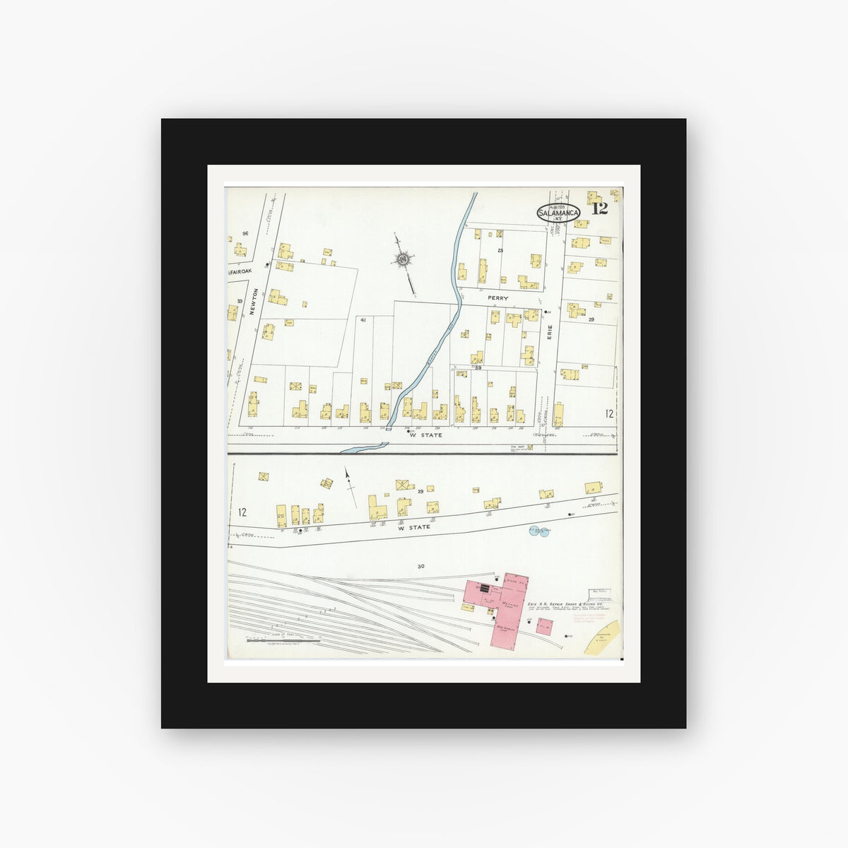 Old map wall art mockup — black gallery frame with white mat — Sanborn Fire Insurance Map from Salamanca, Cattaraugus County, New York (1918), Sheet #0012