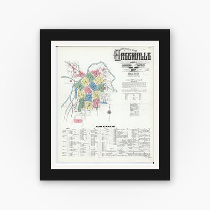 Old map wall art mockup — black gallery frame with white mat — Sanborn Fire Insurance Map from Greenville, Darke County, Ohio (1910) - Complete Map Set