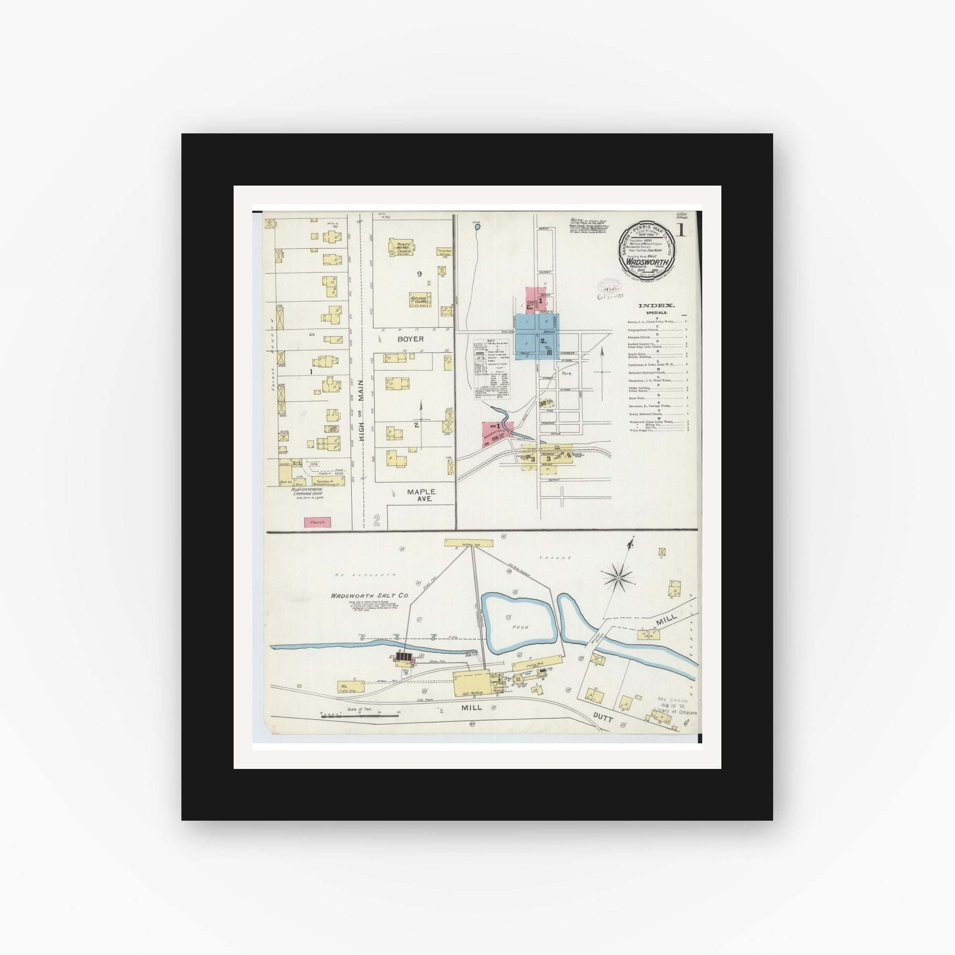 Old map wall art mockup — black gallery frame with white mat — Sanborn Fire Insurance Map from Wadsworth, Medina County, Ohio (1893) - Complete Map Set