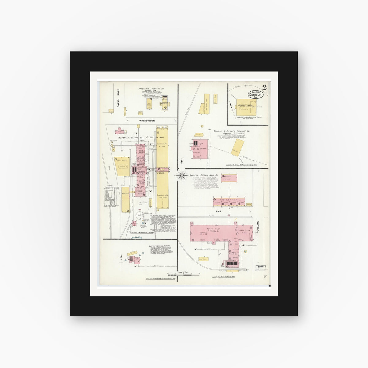 Old map wall art mockup — black gallery frame with white mat — Sanborn Fire Insurance Map from Denison, Grayson County, Texas (1908), Sheet #0002