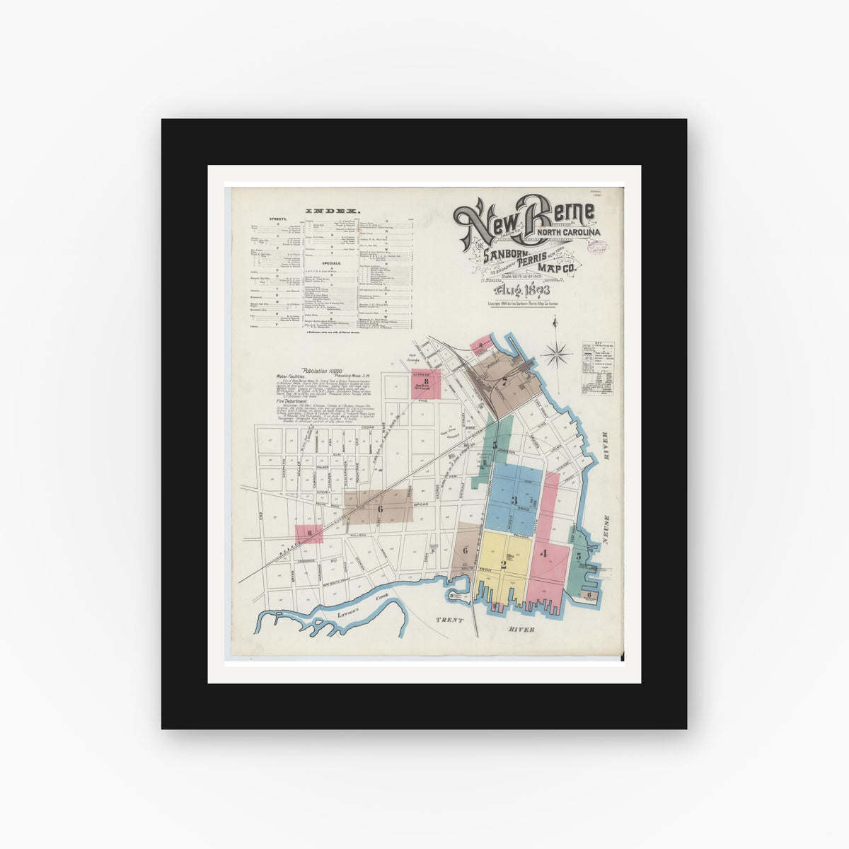 Old map wall art mockup — black gallery frame with white mat — Sanborn Fire Insurance Map from New Bern, Craven County, North Carolina (1893) - Complete Map Set