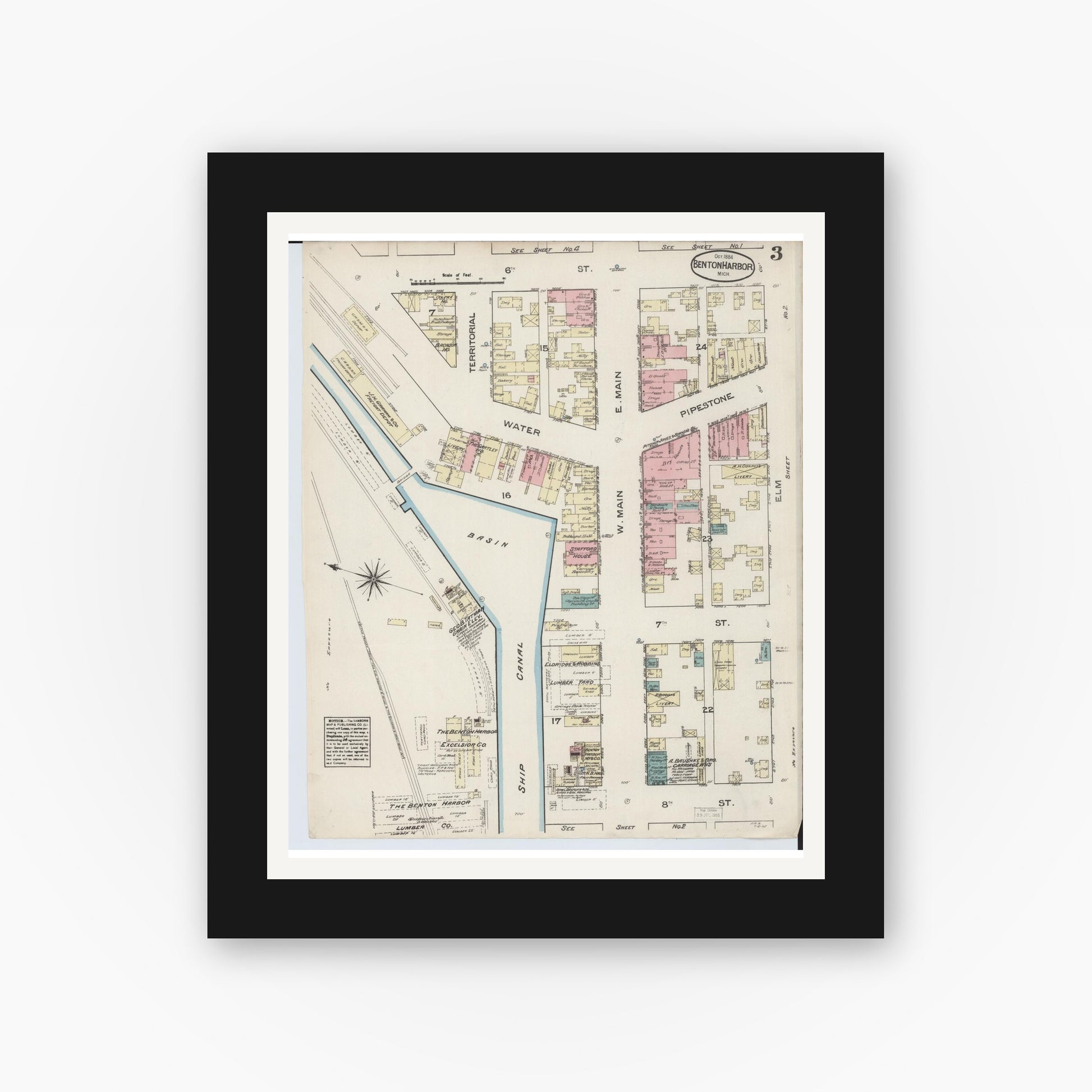 Old map wall art mockup — black gallery frame with white mat — Sanborn Fire Insurance Map from Benton Harbor, Berrien County, Michigan (1884), Sheet #0003