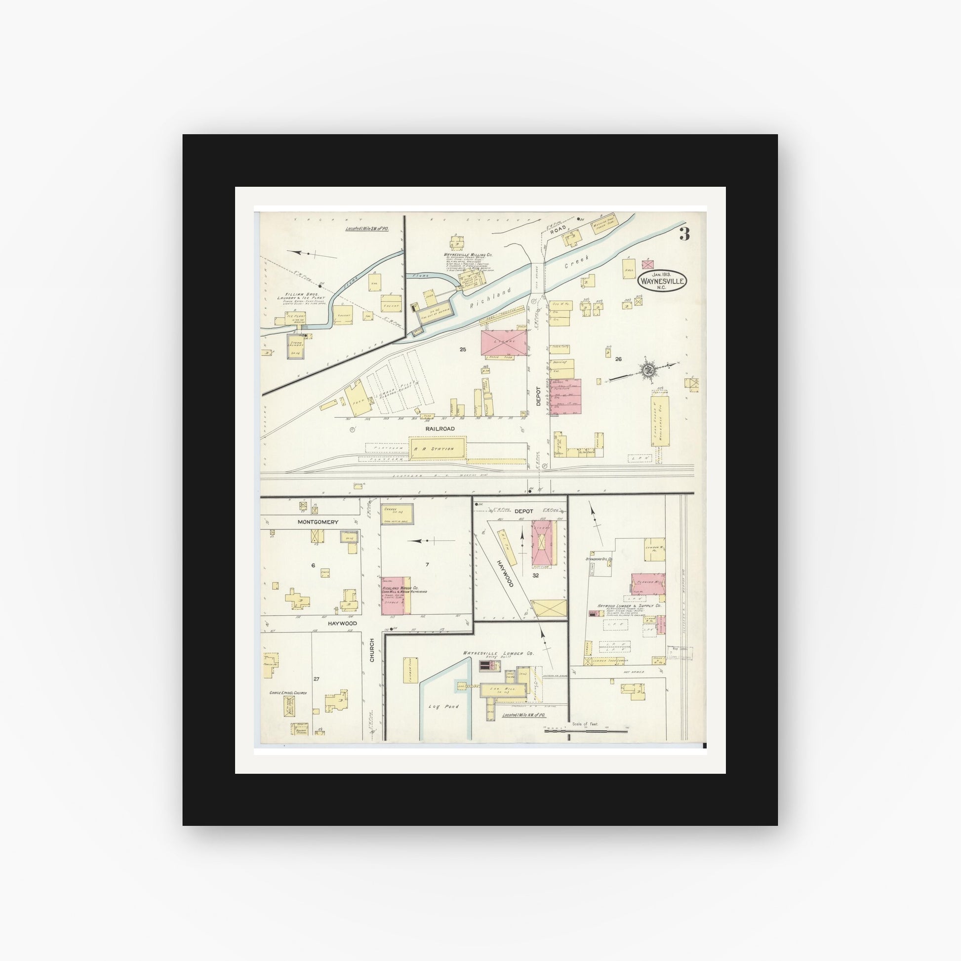 Old map wall art mockup — black gallery frame with white mat — Sanborn Fire Insurance Map from Waynesville, Haywood County, North Carolina (1913), Sheet #0003