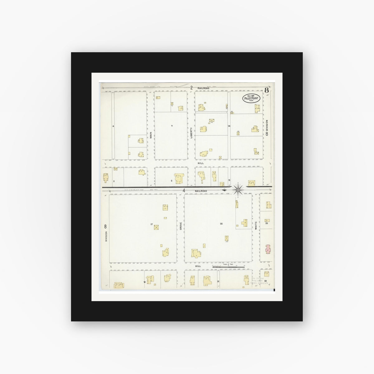 Old map wall art mockup — black gallery frame with white mat — Sanborn Fire Insurance Map from Pilot Point, Denton County, Texas (1907), Sheet #0008