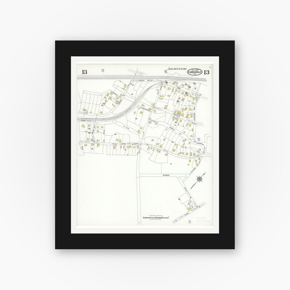 Old map wall art mockup — black gallery frame with white mat — Sanborn Fire Insurance Map from Carbondale, Lackawanna County, Pennsylvania (1923), Sheet #0013