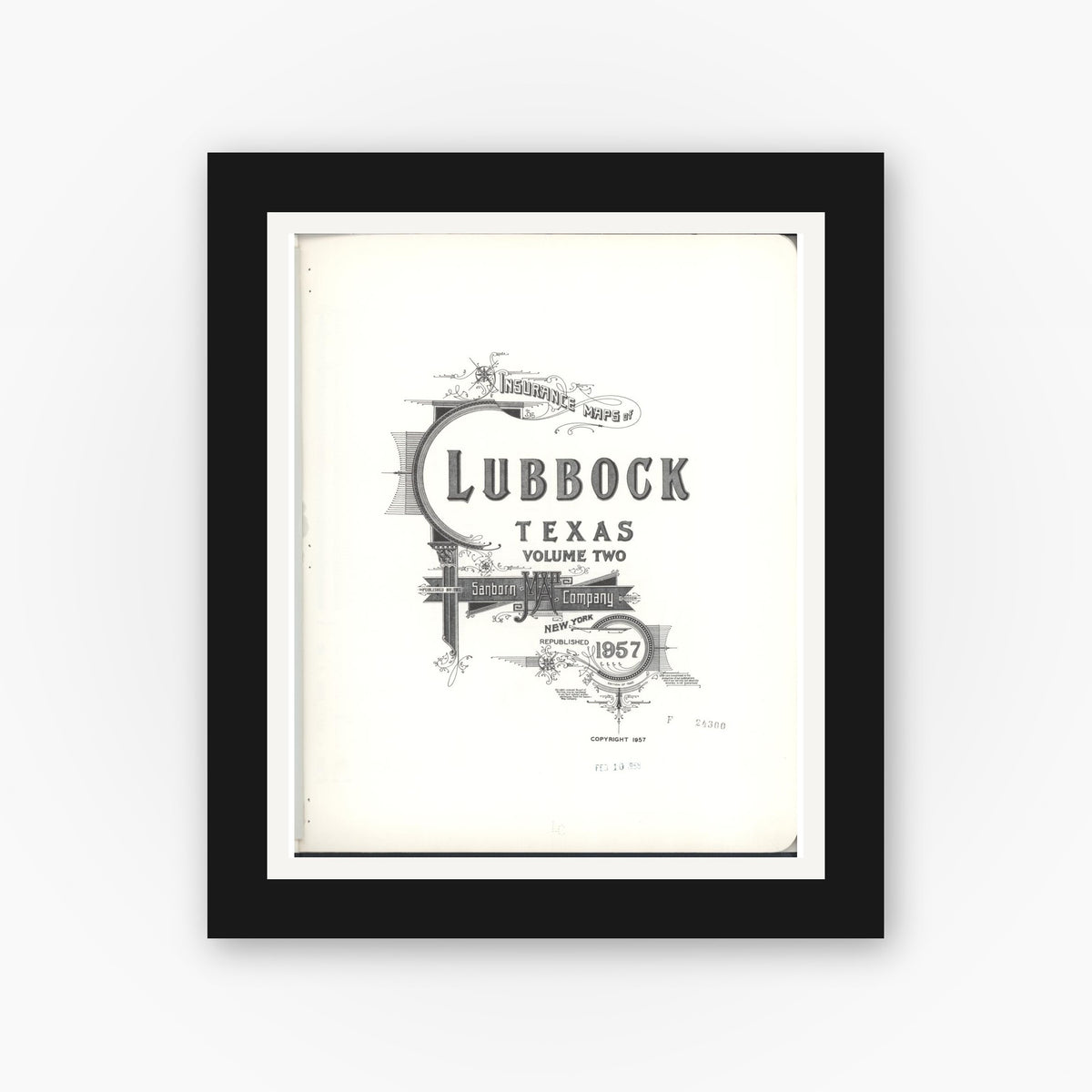 Old map wall art mockup — black gallery frame with white mat — Sanborn Fire Insurance Map from Lubbock, Lubbock County, Texas (1957), Sheet #0001