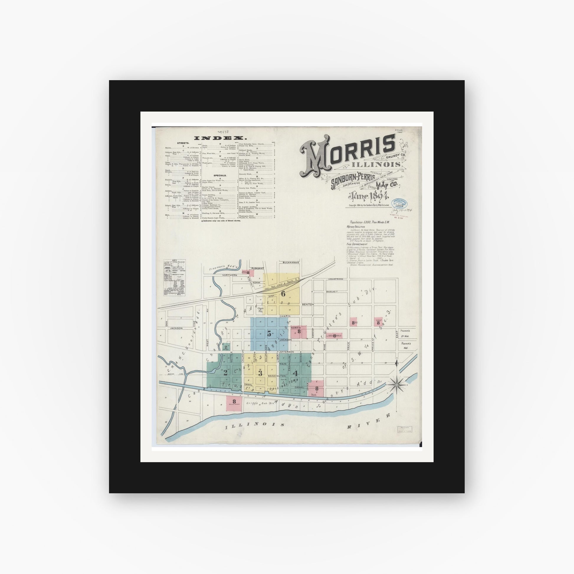 Old map wall art mockup — black gallery frame with white mat — Sanborn Fire Insurance Map from Morris, Grundy County, Illinois (1894) - Complete Map Set