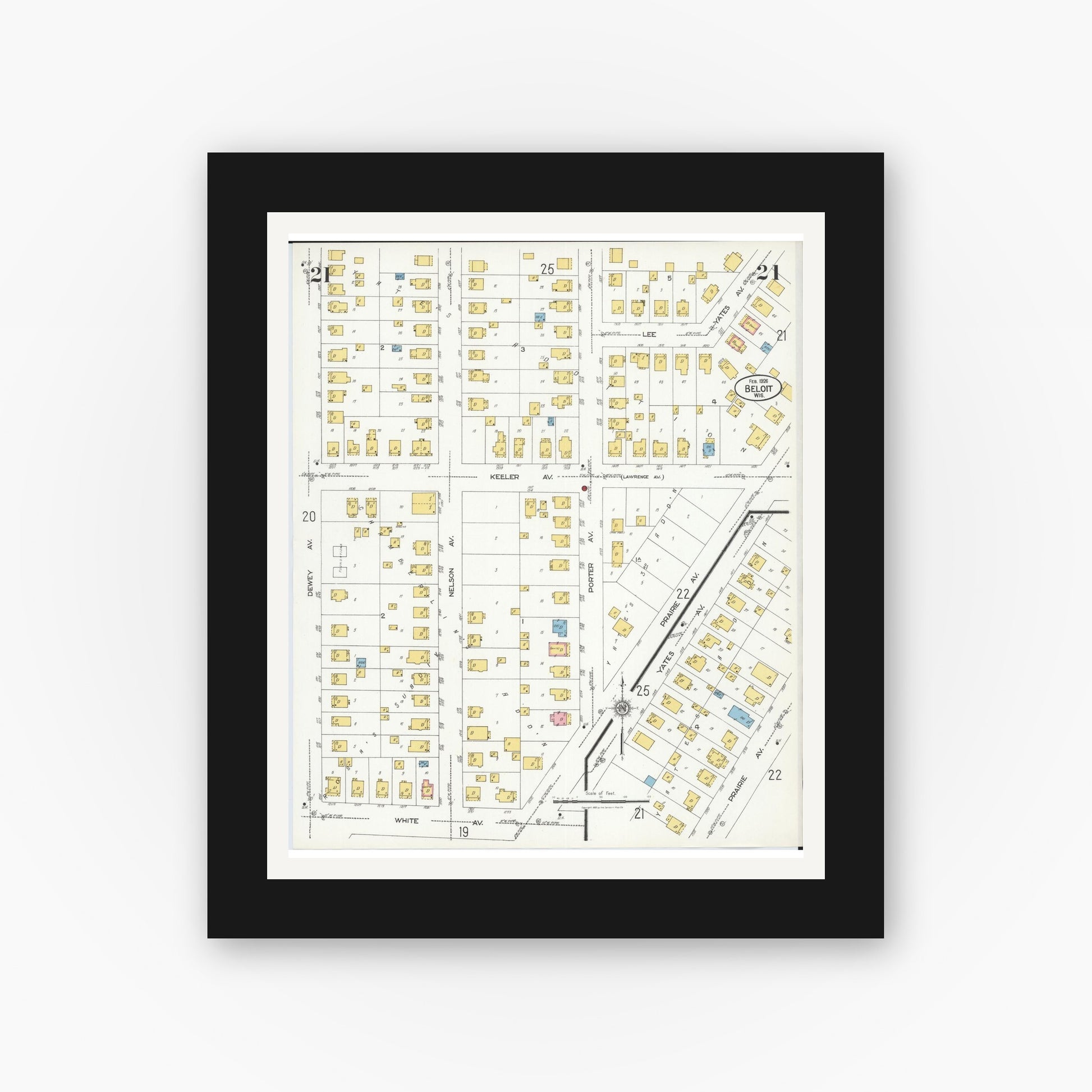 Old map wall art mockup — black gallery frame with white mat — Sanborn Fire Insurance Map from Beloit, Rock County, Wisconsin (1926), Sheet #0021