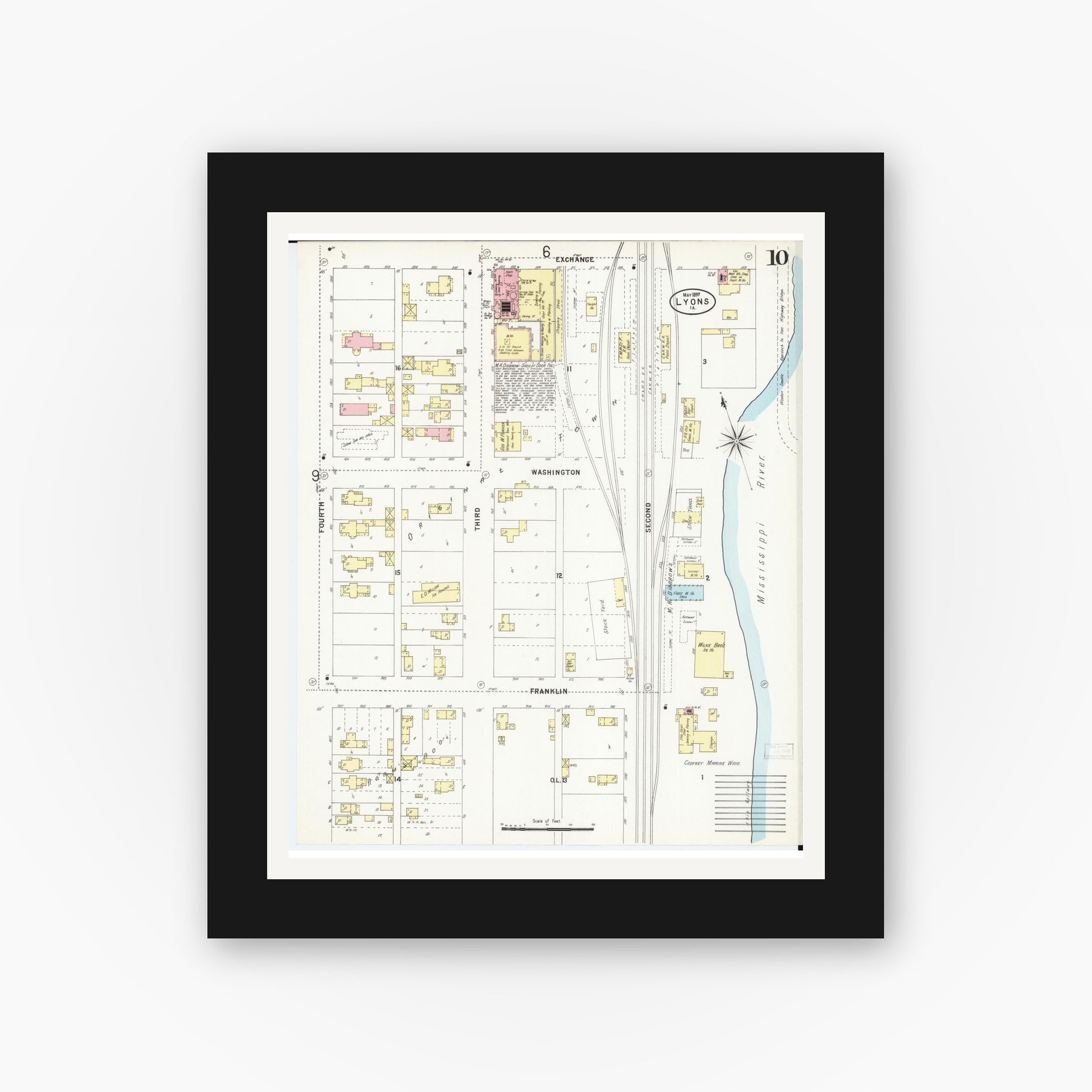Old map wall art mockup — black gallery frame with white mat — Sanborn Fire Insurance Map from Lyons, Clinton County, Iowa (1897), Sheet #0010