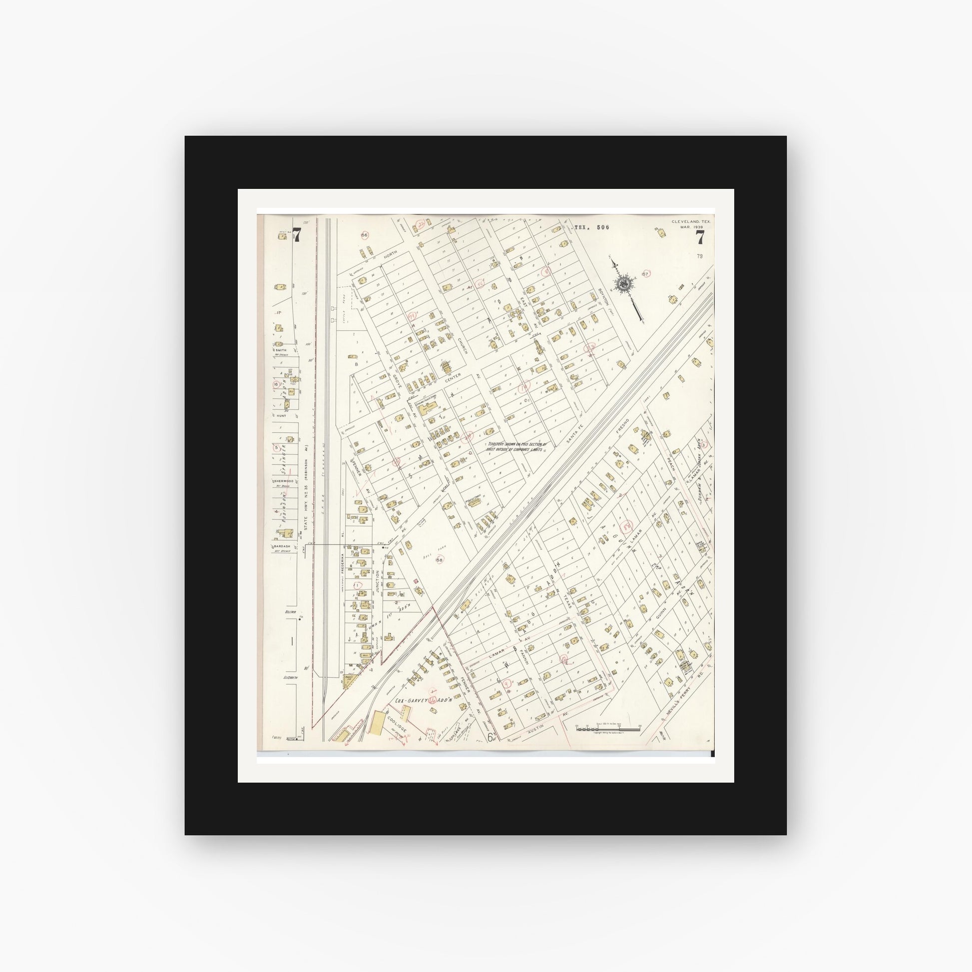 Old map wall art mockup — black gallery frame with white mat — Sanborn Fire Insurance Map from Cleveland, Liberty County, Texas (1939), Sheet #0007