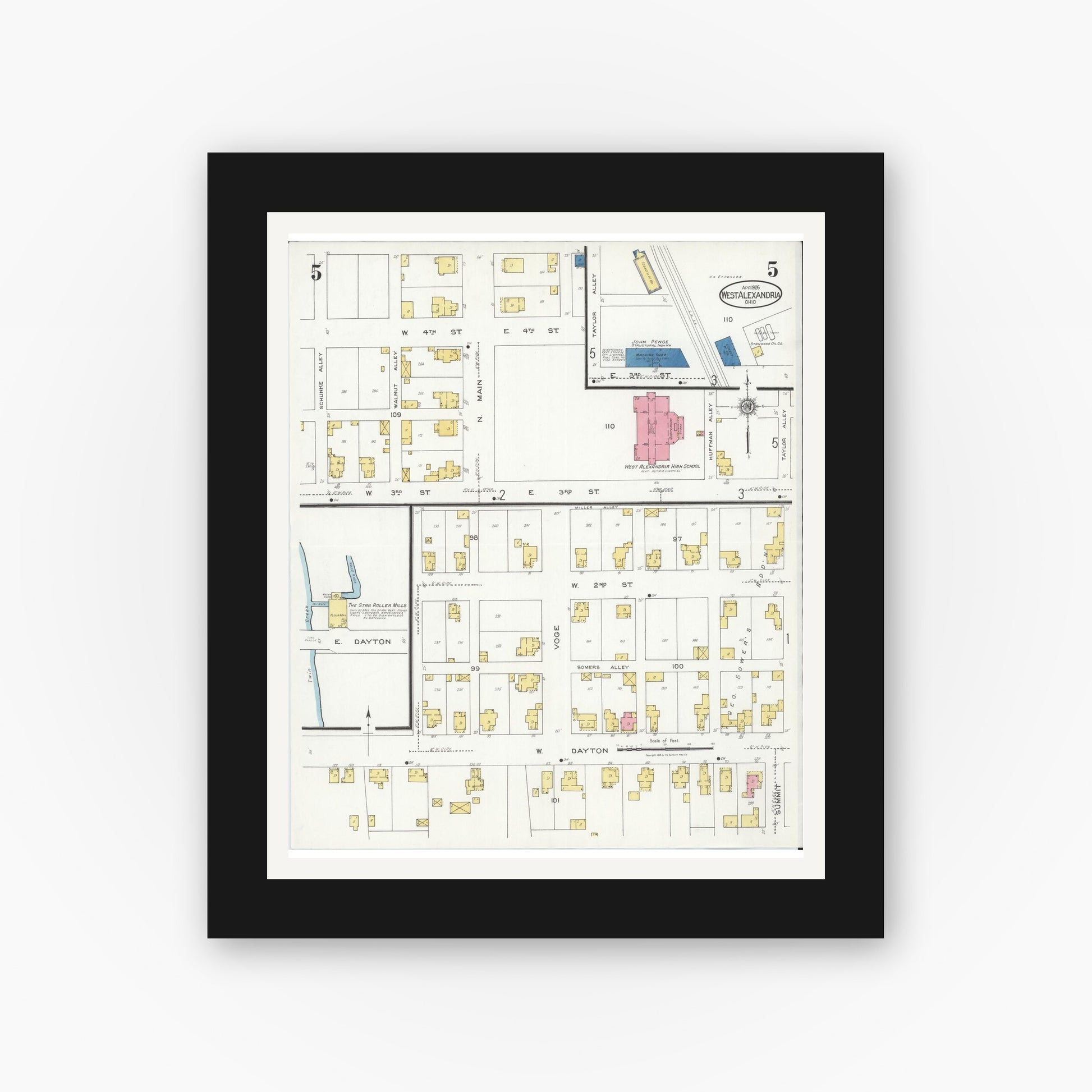 Old map wall art mockup — black gallery frame with white mat — Sanborn Fire Insurance Map from West Alexandria, Preble County, Ohio (1926), Sheet #0005