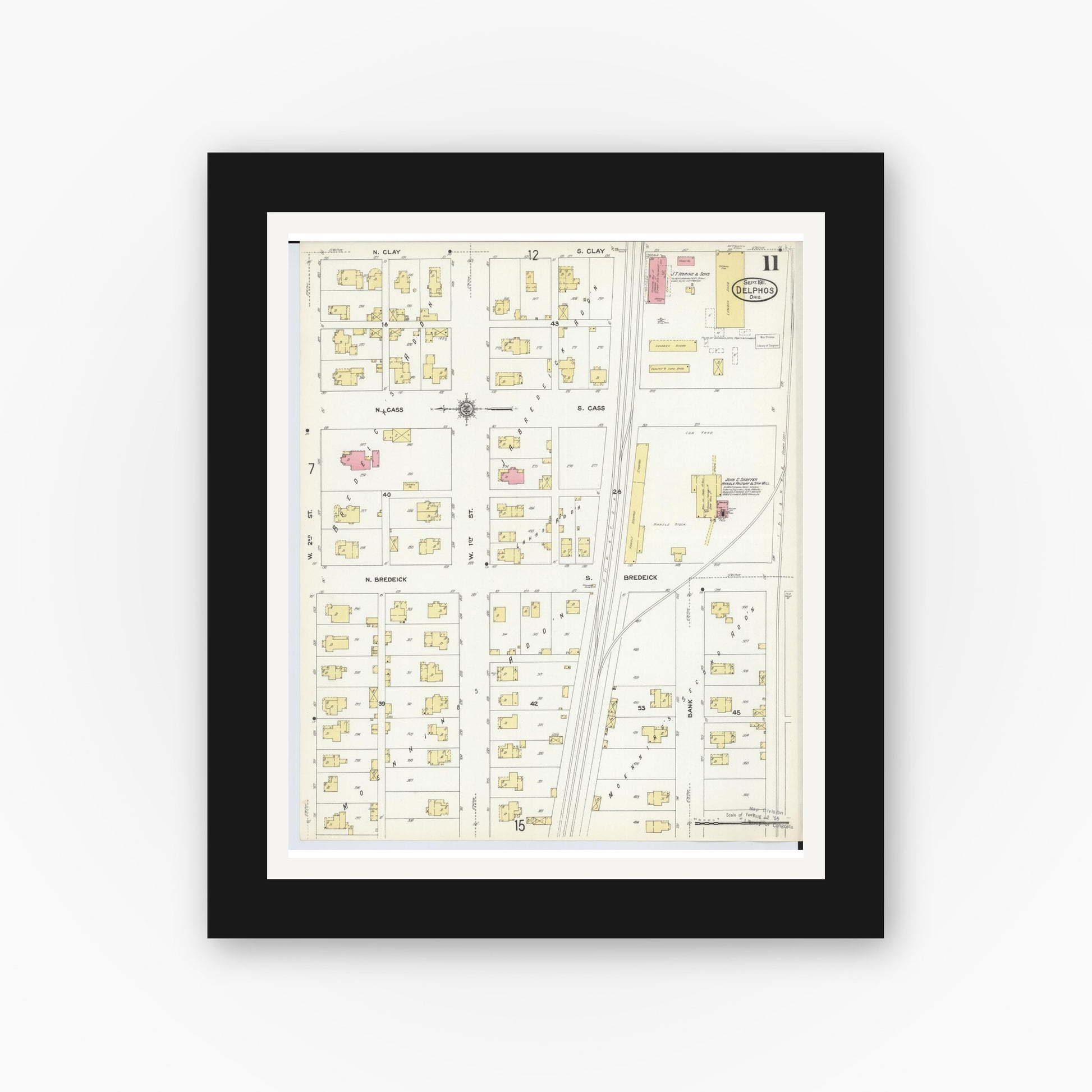 Old map wall art mockup — black gallery frame with white mat — Sanborn Fire Insurance Map from Delphos, Van Wert And Allen Counties, Ohio (1911), Sheet #0011