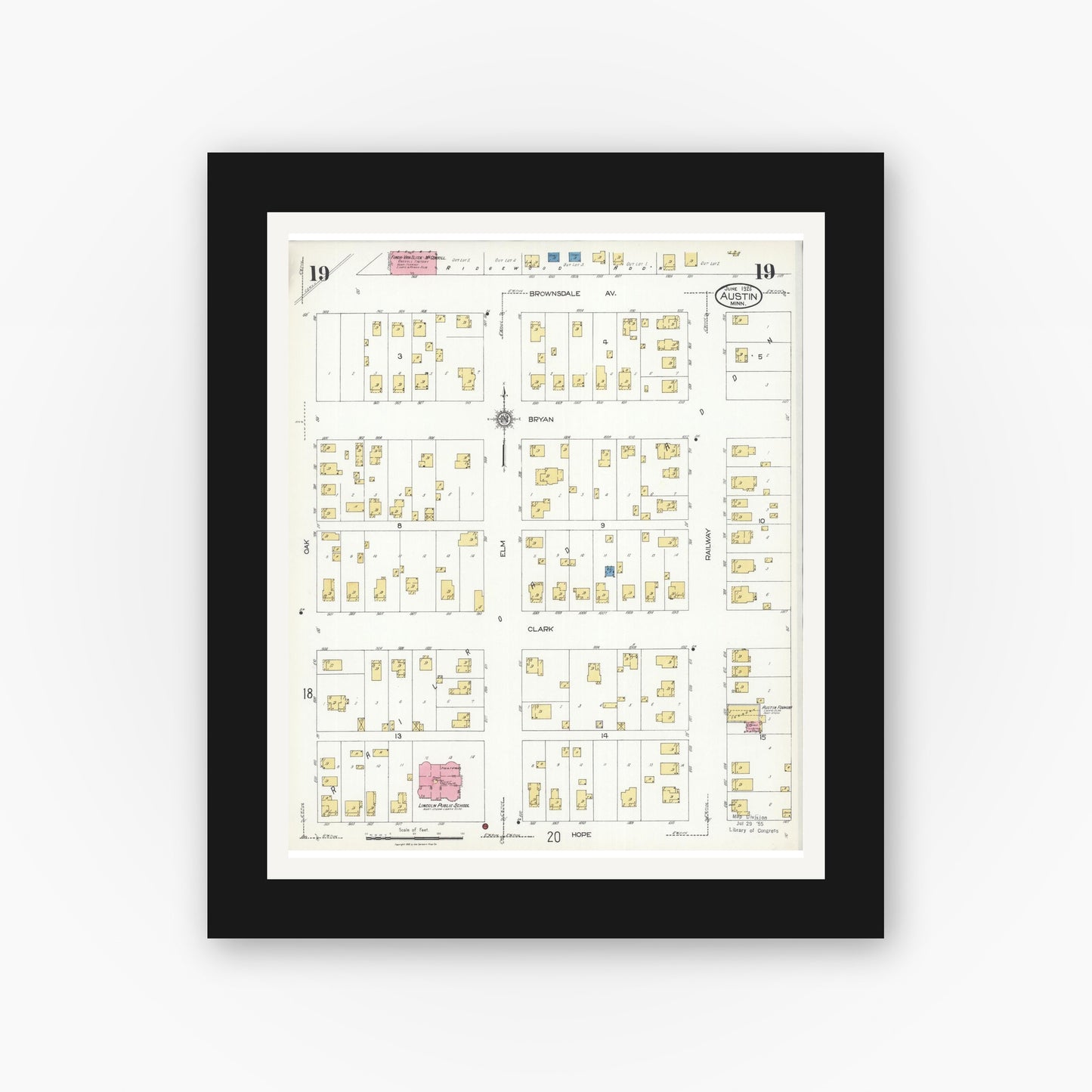 Old map wall art mockup — black gallery frame with white mat — Sanborn Fire Insurance Map from Austin, Mower County, Minnesota (1926), Sheet #0019