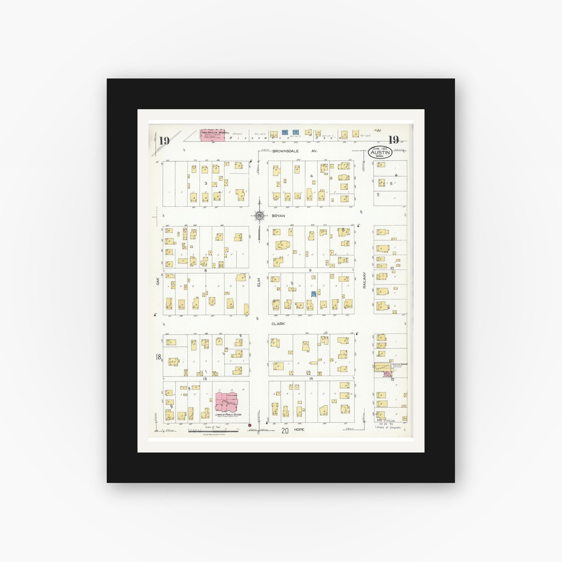 Old map wall art mockup — black gallery frame with white mat — Sanborn Fire Insurance Map from Austin, Mower County, Minnesota (1926), Sheet #0019