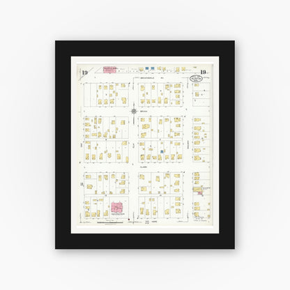 Old map wall art mockup — black gallery frame with white mat — Sanborn Fire Insurance Map from Austin, Mower County, Minnesota (1926), Sheet #0019