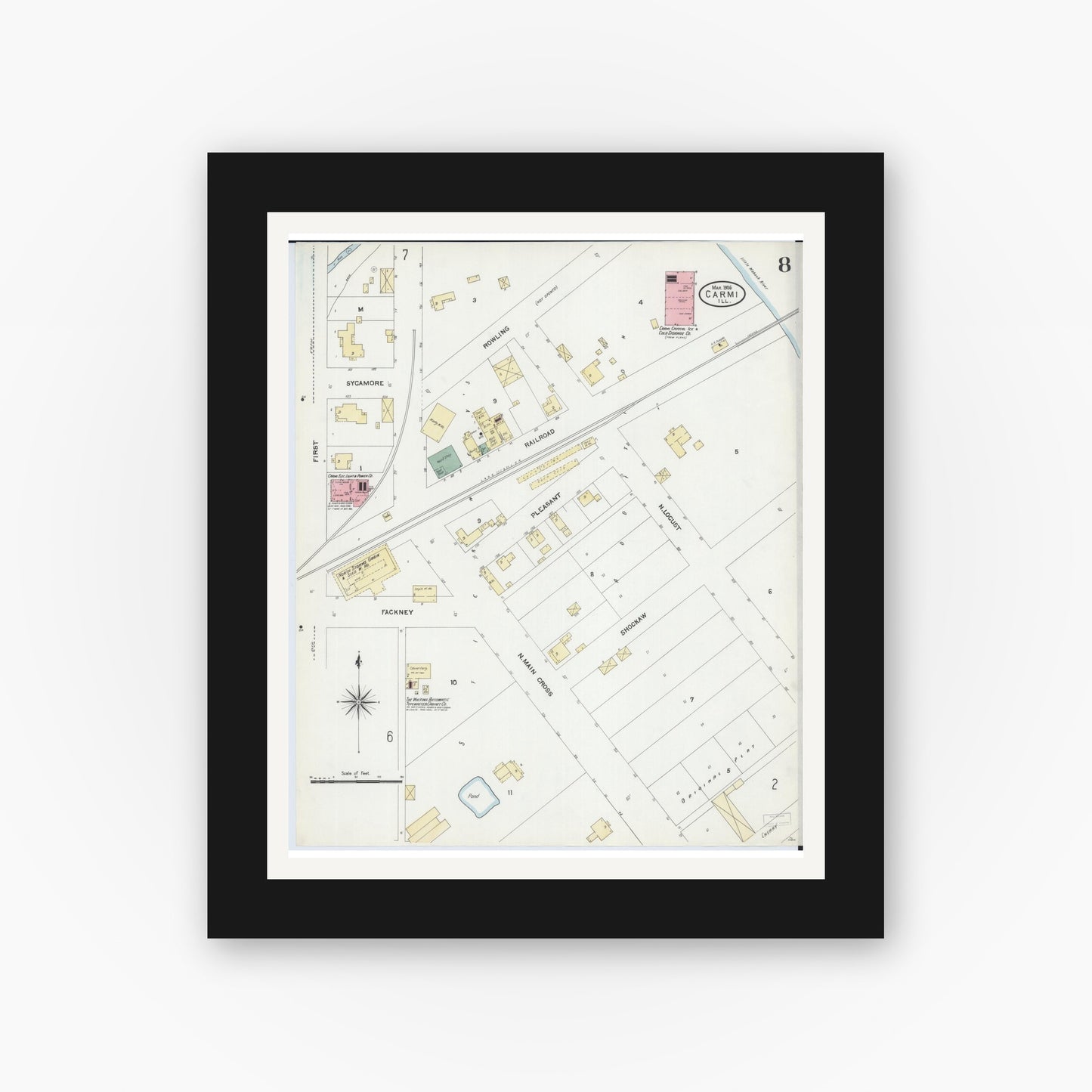Old map wall art mockup — black gallery frame with white mat — Sanborn Fire Insurance Map from Carmi, White County, Illinois (1906), Sheet #0008