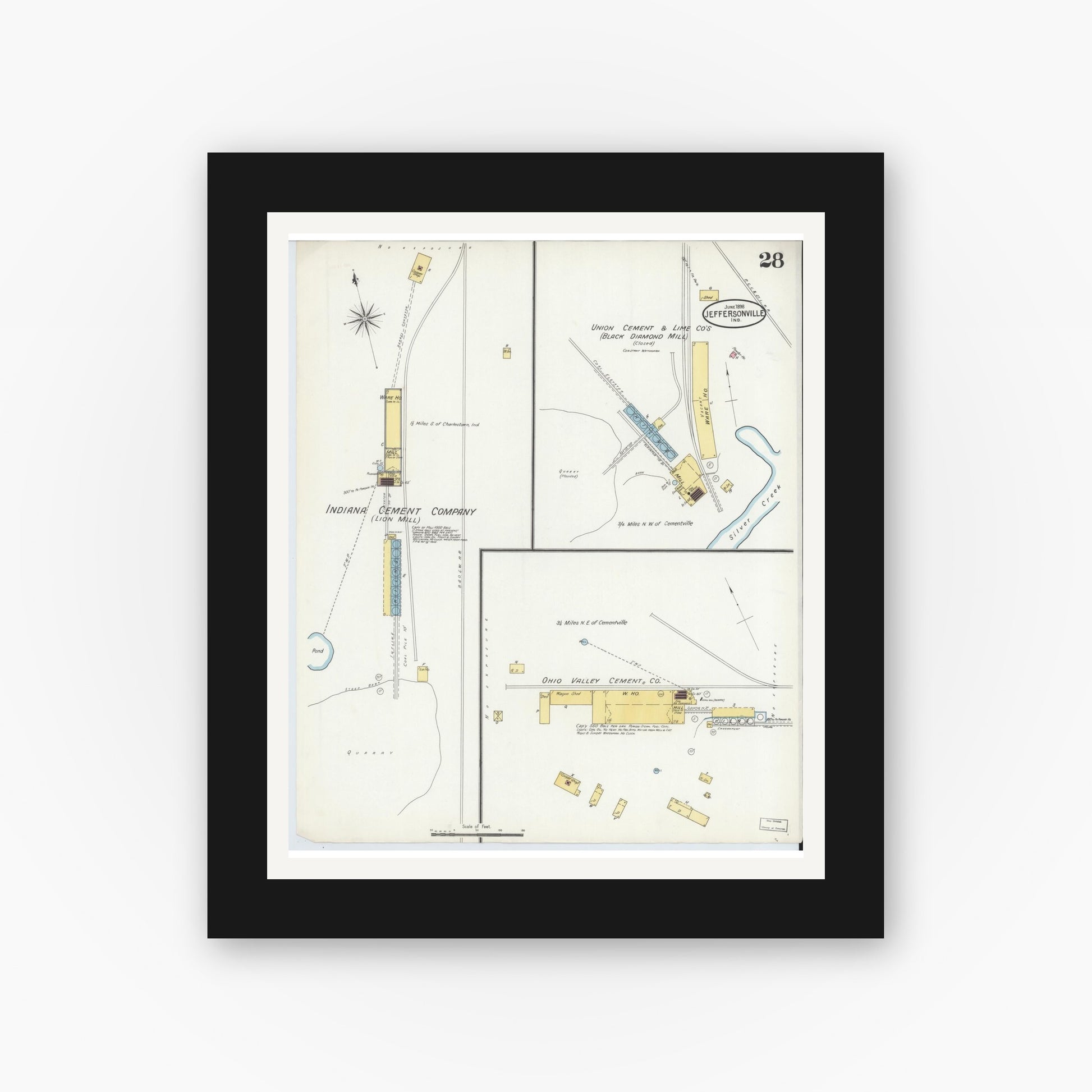 Old map wall art mockup — black gallery frame with white mat — Sanborn Fire Insurance Map from Jeffersonville, Clark County, Indiana (1898), Sheet #0028