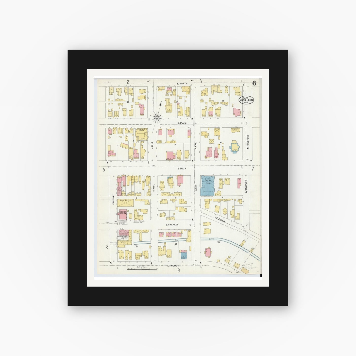 Old map wall art mockup — black gallery frame with white mat — Sanborn Fire Insurance Map from Massillon, Stark County, Ohio (1901), Sheet #0006