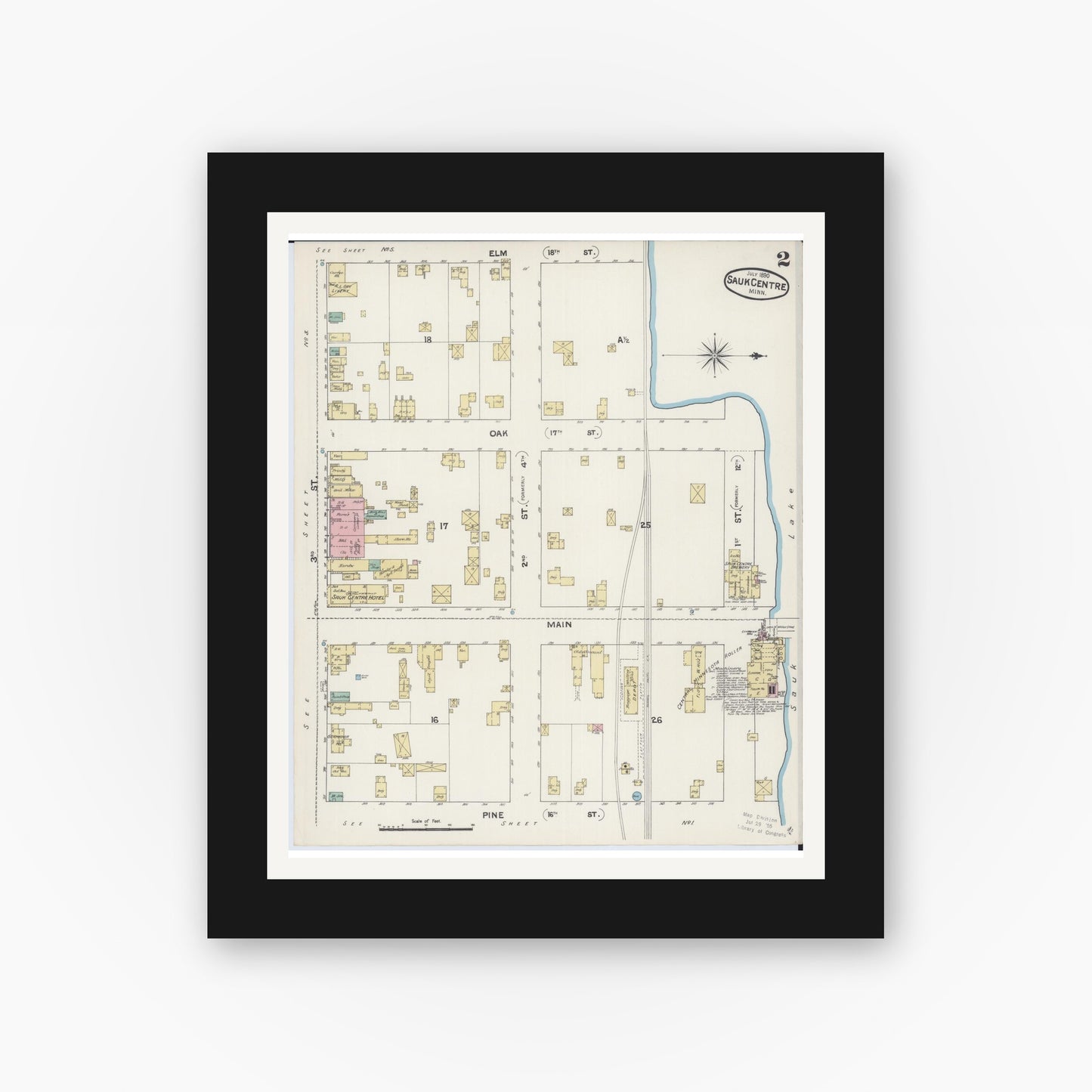 Old map wall art mockup — black gallery frame with white mat — Sanborn Fire Insurance Map from Sauk Centre, Stearns County, Minnesota (1890), Sheet #0002