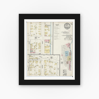 Old map wall art mockup — black gallery frame with white mat — Sanborn Fire Insurance Map from Wyandotte, Wayne County, Michigan (1890), Sheet #0001