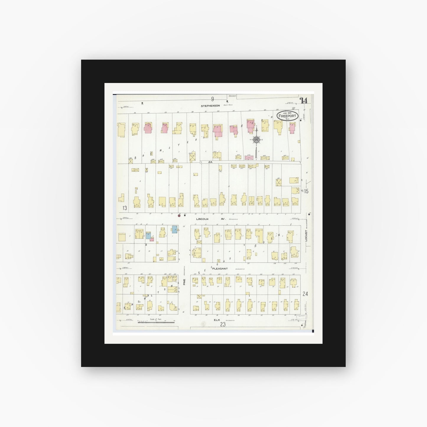 Old map wall art mockup — black gallery frame with white mat — Sanborn Fire Insurance Map from Freeport, Stephenson County, Illinois (1910), Sheet #0014