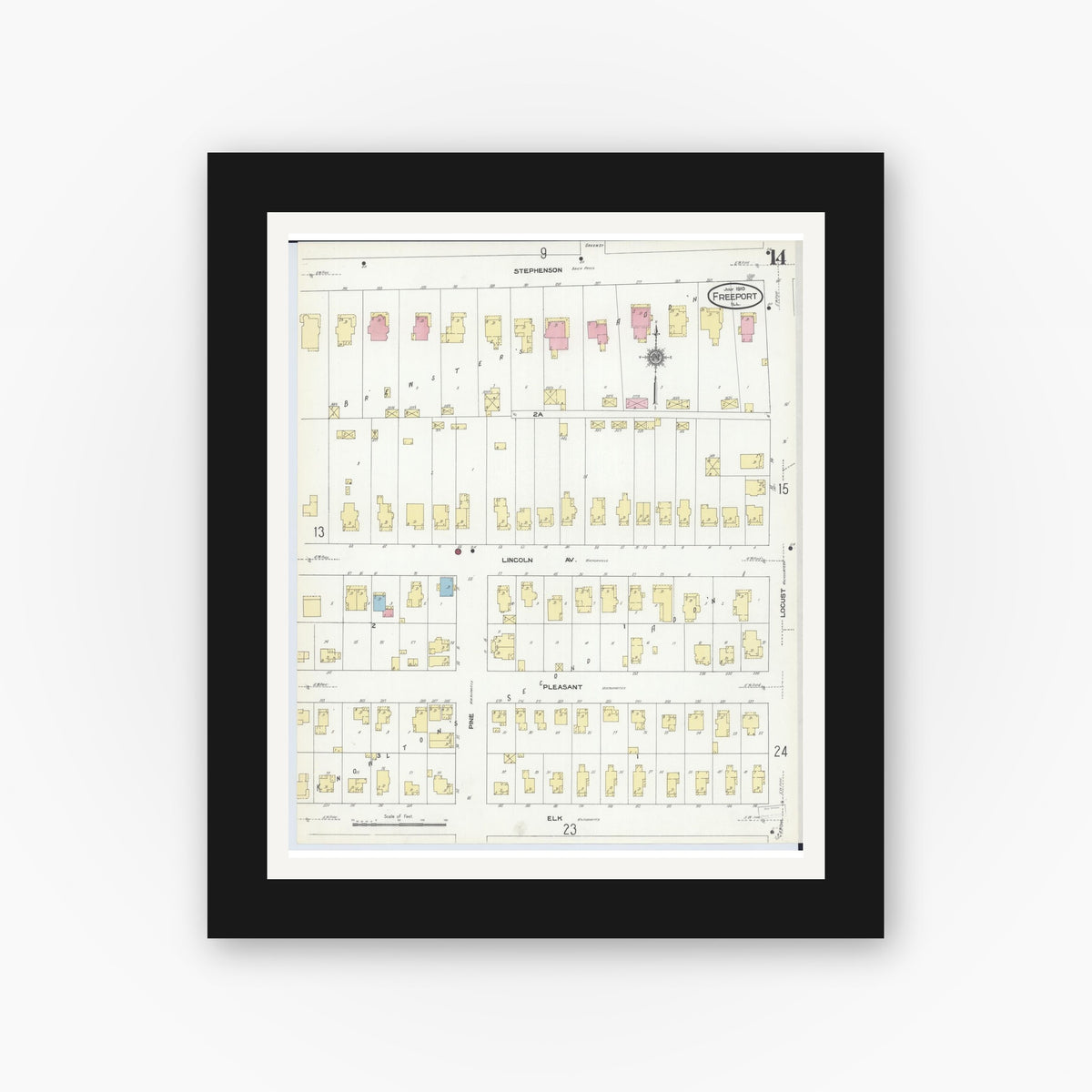 Old map wall art mockup — black gallery frame with white mat — Sanborn Fire Insurance Map from Freeport, Stephenson County, Illinois (1910), Sheet #0014