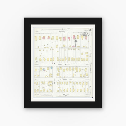 Old map wall art mockup — black gallery frame with white mat — Sanborn Fire Insurance Map from Freeport, Stephenson County, Illinois (1910), Sheet #0014