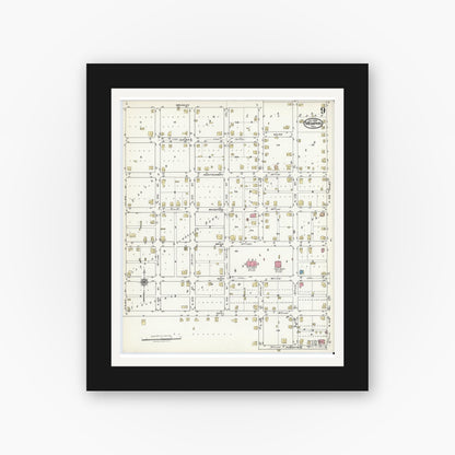 Old map wall art mockup — black gallery frame with white mat — Sanborn Fire Insurance Map from Memphis, Hall County, Texas (1920), Sheet #0009