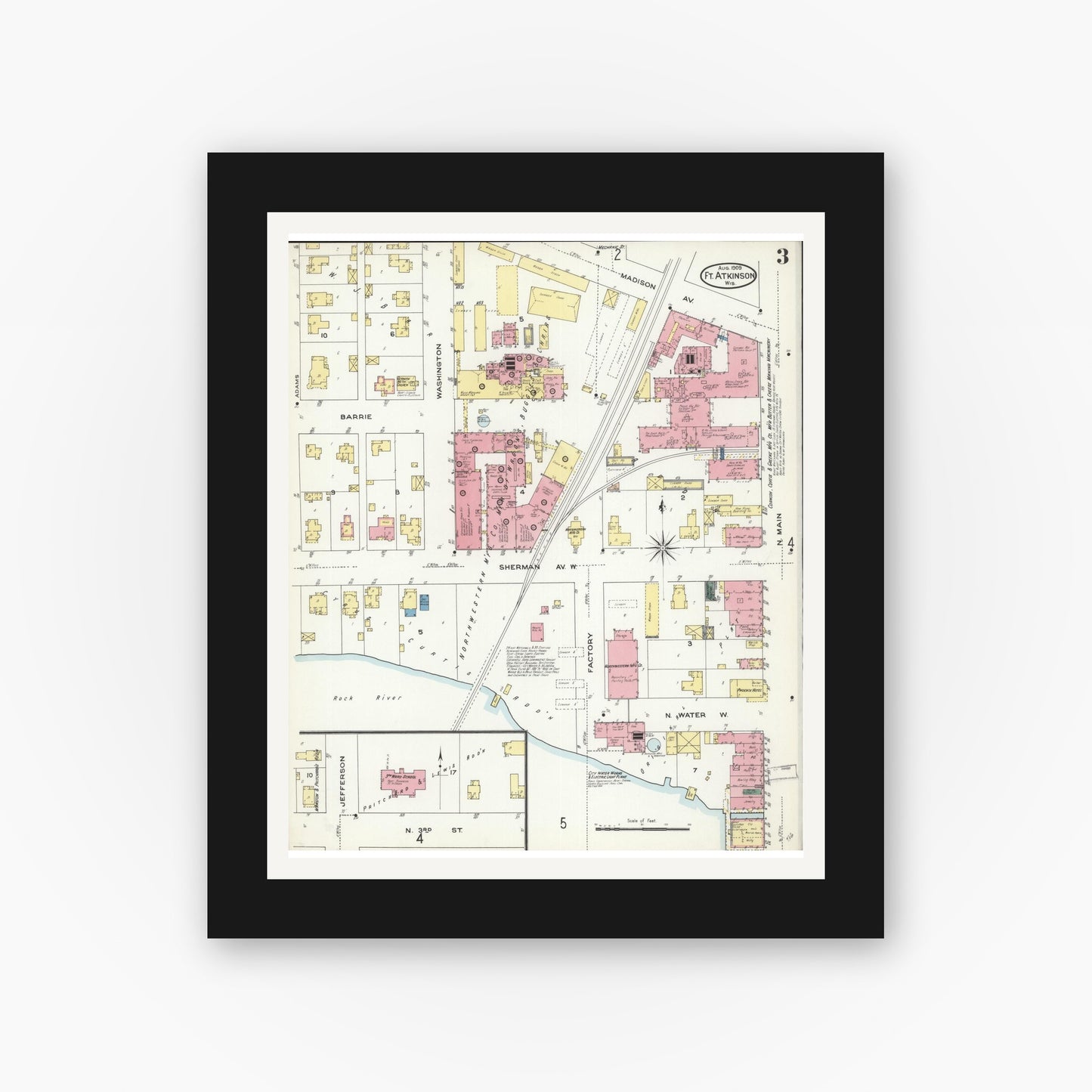 Old map wall art mockup — black gallery frame with white mat — Sanborn Fire Insurance Map from Fort Atkinson, Jefferson County, Wisconsin (1909), Sheet #0003