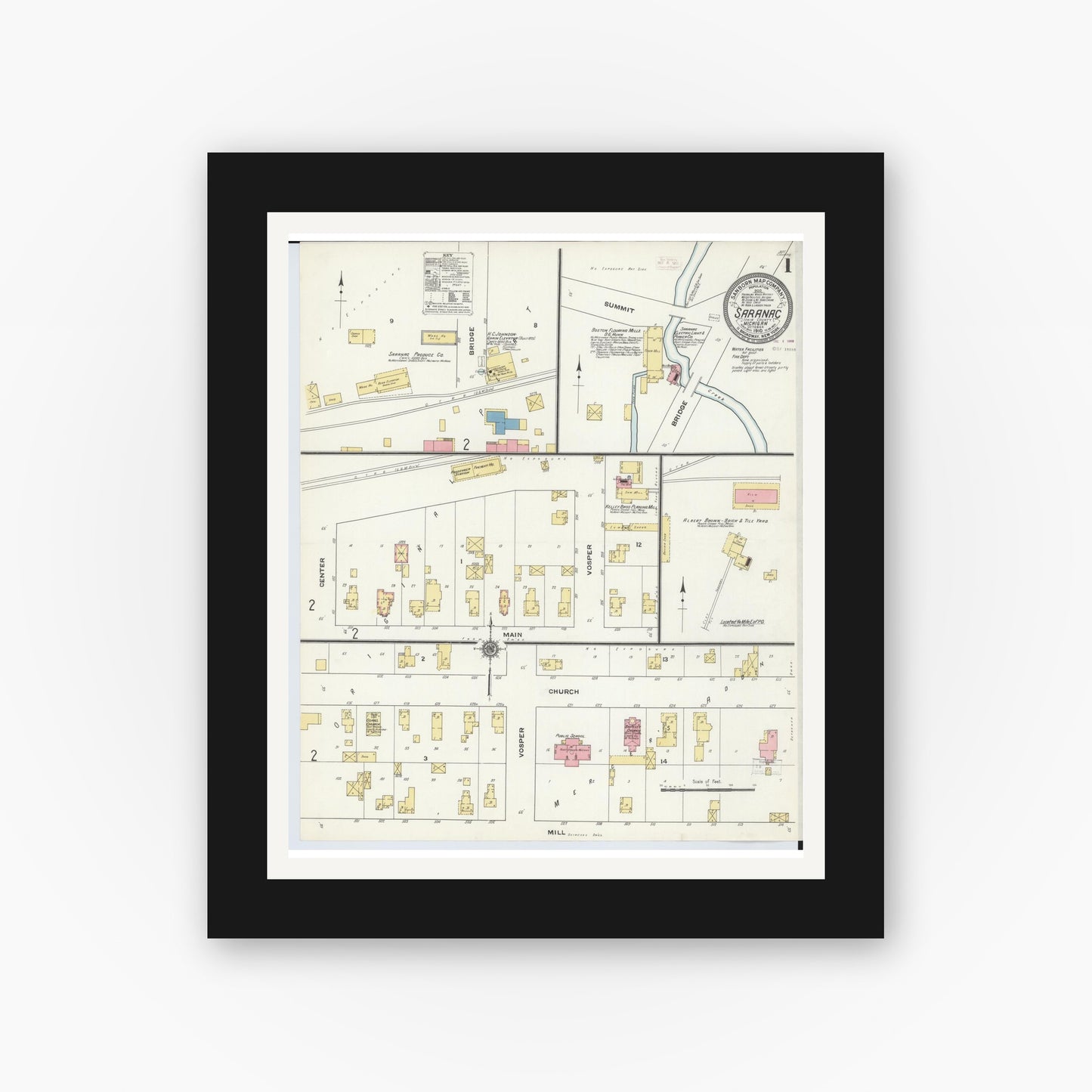 Old map wall art mockup — black gallery frame with white mat — Sanborn Fire Insurance Map from Saranac, Ionia County, Michigan (1910) - Complete Map Set