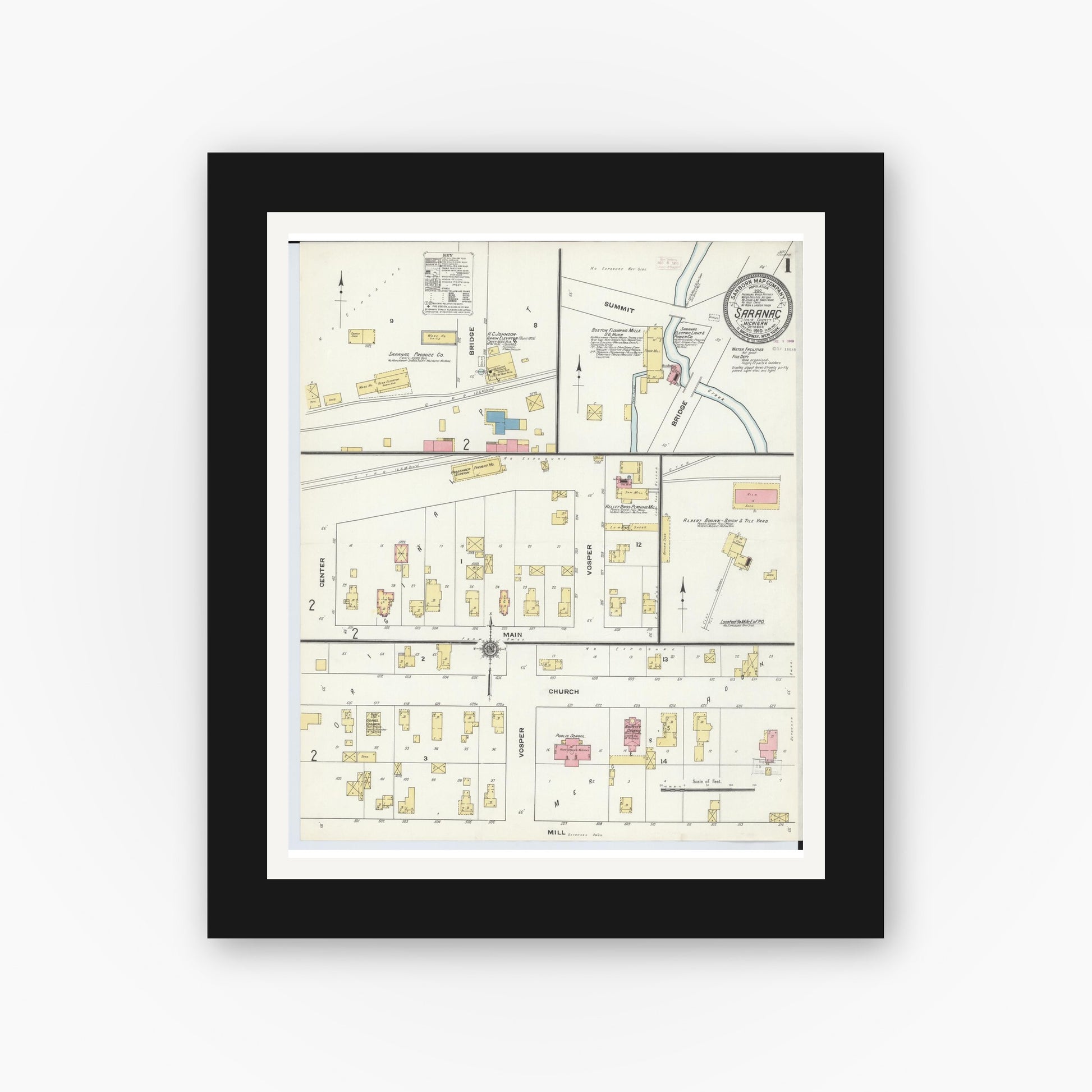 Old map wall art mockup — black gallery frame with white mat — Sanborn Fire Insurance Map from Saranac, Ionia County, Michigan (1910) - Complete Map Set