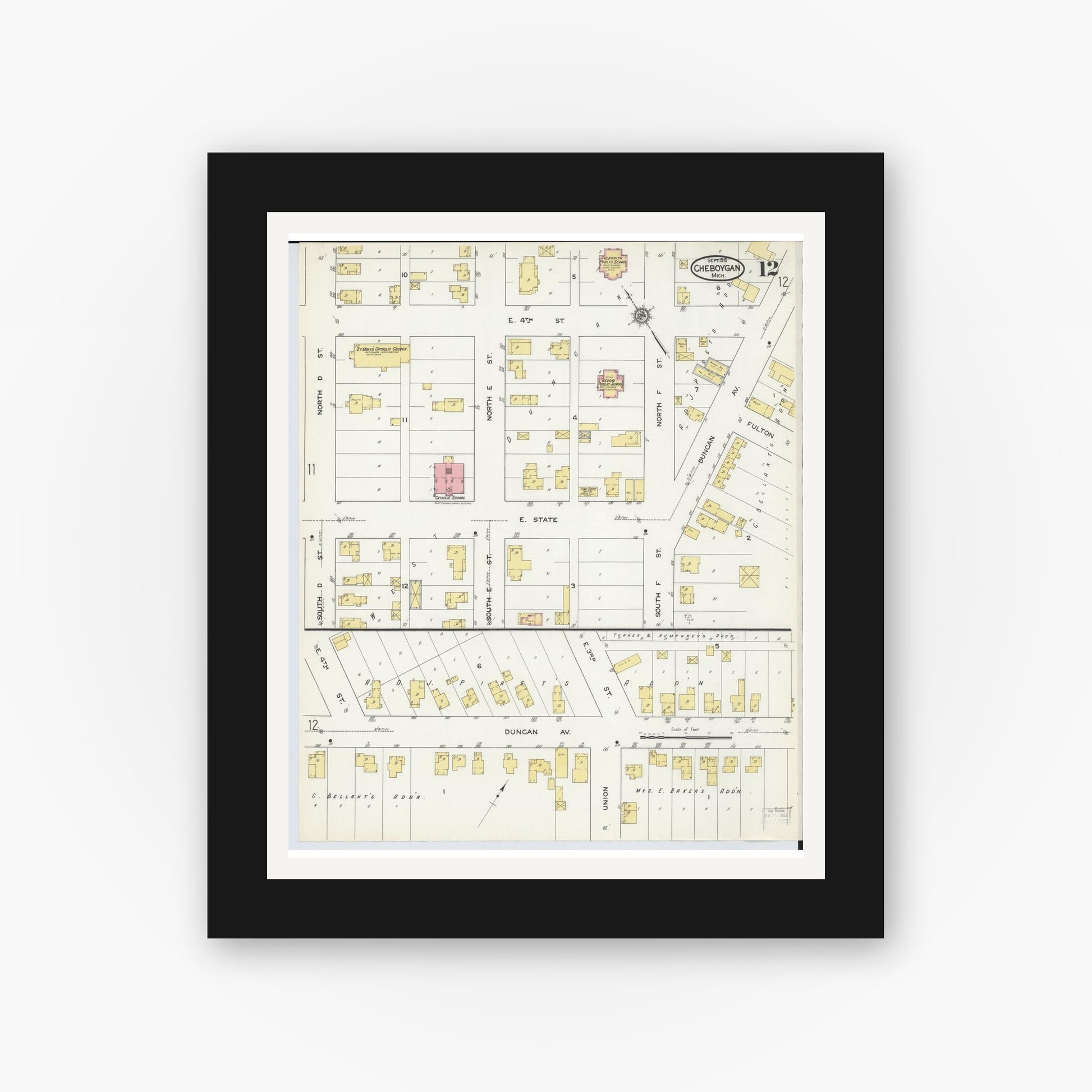 Old map wall art mockup — black gallery frame with white mat — Sanborn Fire Insurance Map from Cheboygan, Cheboygan County, Michigan (1915), Sheet #0012