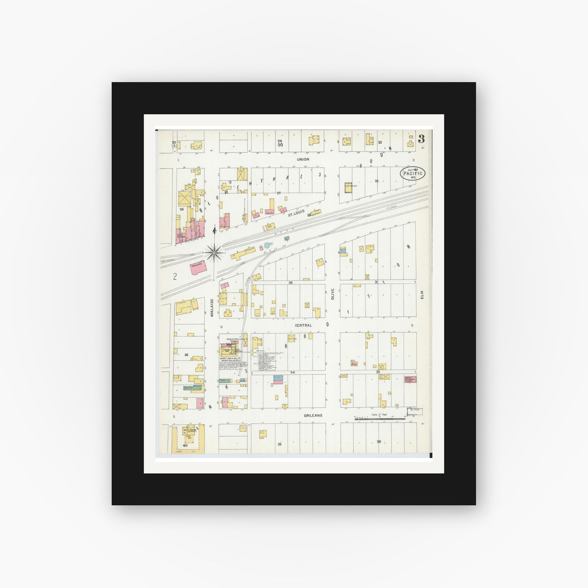 Old map wall art mockup — black gallery frame with white mat — Sanborn Fire Insurance Map from Pacific, Franklin County, Missouri (1903), Sheet #0003