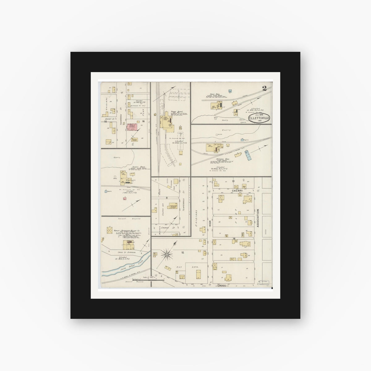 Old map wall art mockup — black gallery frame with white mat — Sanborn Fire Insurance Map from Ellettsville, Monroe County, Indiana (1895), Sheet #0002