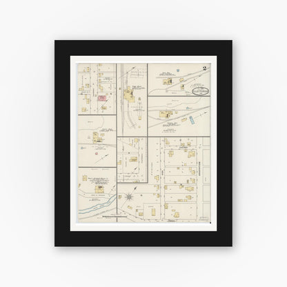 Old map wall art mockup — black gallery frame with white mat — Sanborn Fire Insurance Map from Ellettsville, Monroe County, Indiana (1895), Sheet #0002