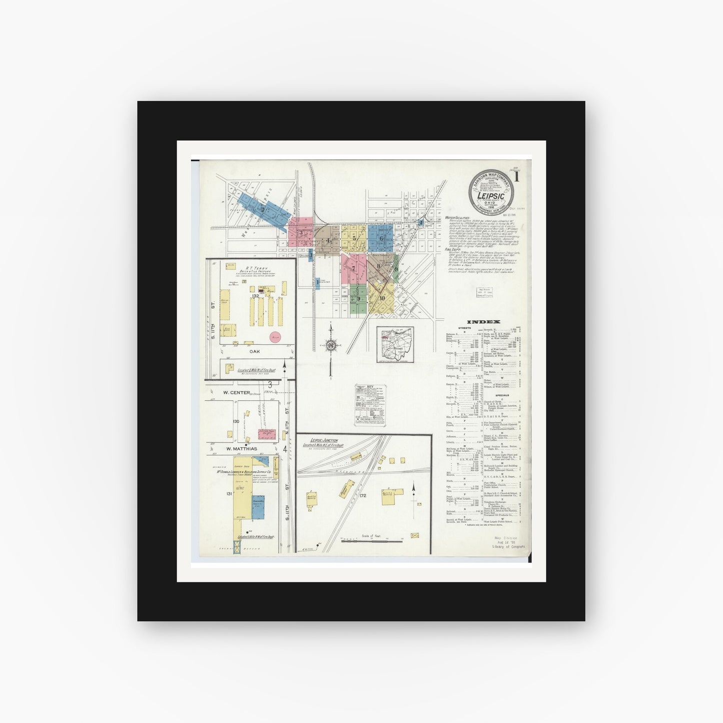 Old map wall art mockup — black gallery frame with white mat — Sanborn Fire Insurance Map from Leipsic, Putnam County, Ohio (1916), Sheet #0001