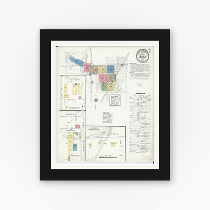 Old map wall art mockup — black gallery frame with white mat — Sanborn Fire Insurance Map from Leipsic, Putnam County, Ohio (1916), Sheet #0001