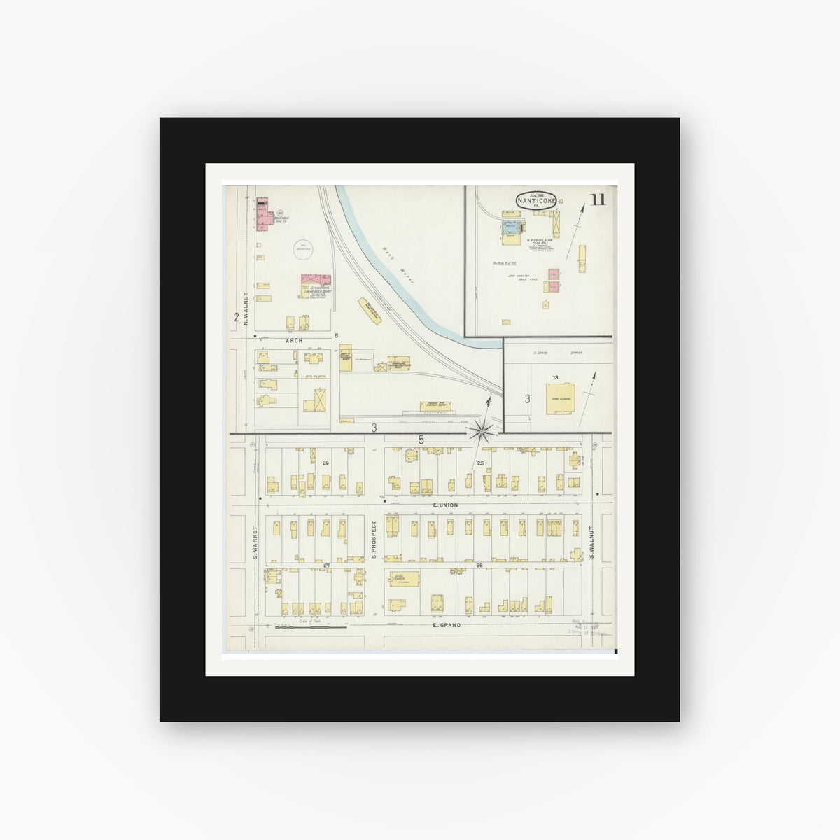 Old map wall art mockup — black gallery frame with white mat — Sanborn Fire Insurance Map from Nanticoke, Luzerne County, Pennsylvania (1896), Sheet #0011