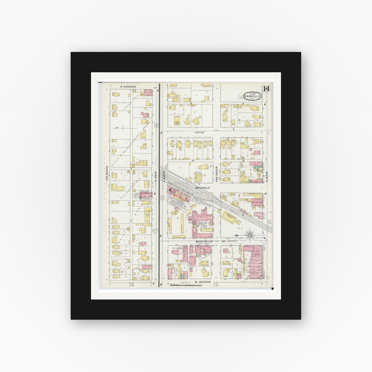Old map wall art mockup — black gallery frame with white mat — Sanborn Fire Insurance Map from Danville, Vermilion County, Illinois (1895), Sheet #0014