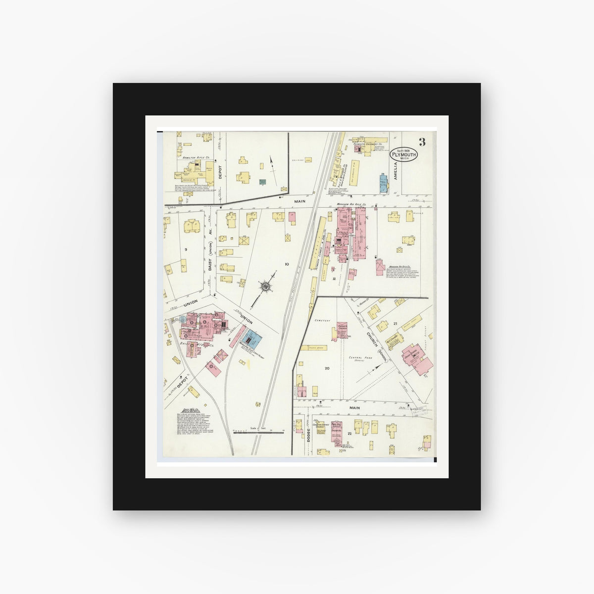 Old map wall art mockup — black gallery frame with white mat — Sanborn Fire Insurance Map from Plymouth, Wayne County, Michigan (1909), Sheet #0003