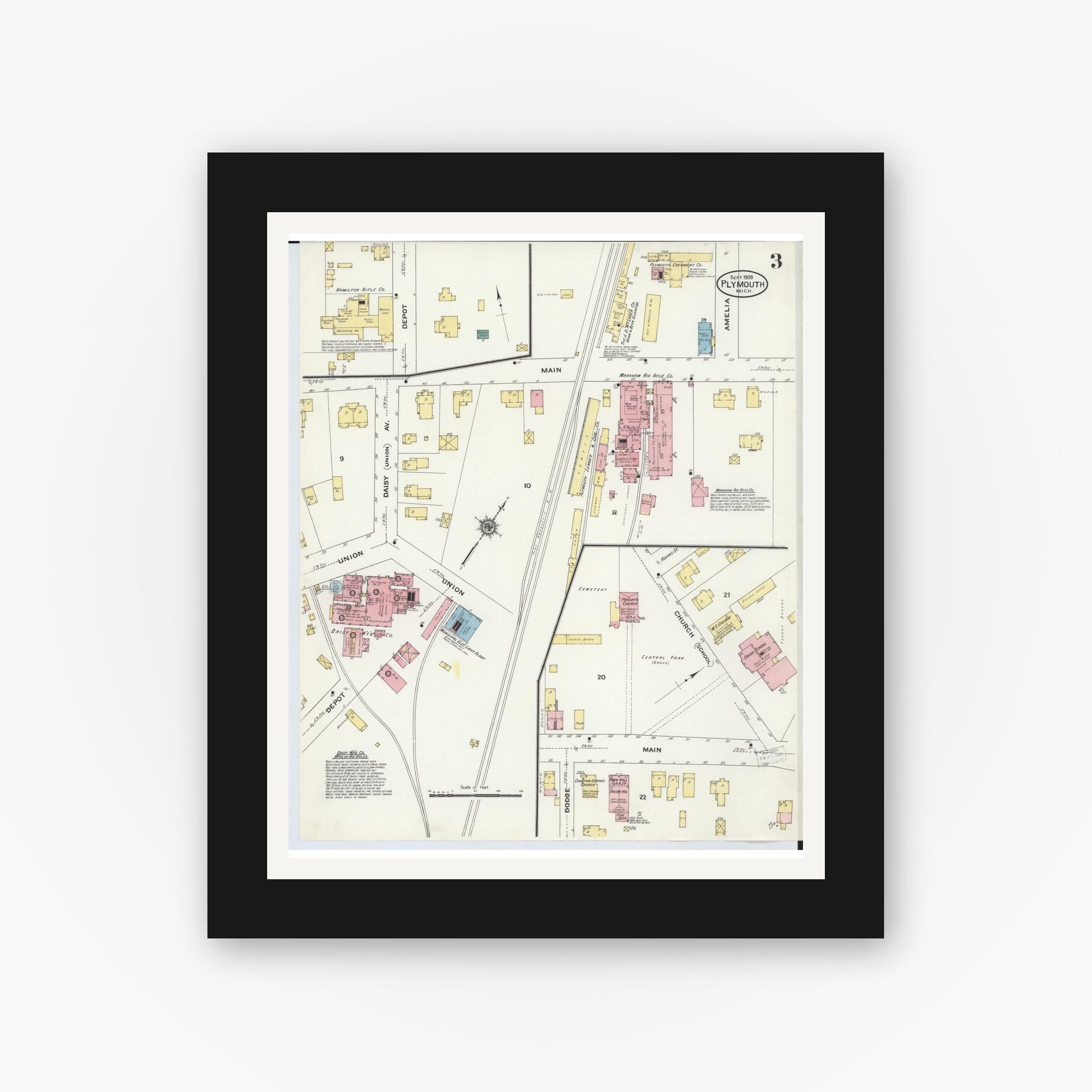 Old map wall art mockup — black gallery frame with white mat — Sanborn Fire Insurance Map from Plymouth, Wayne County, Michigan (1909), Sheet #0003