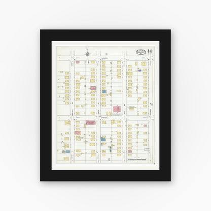 Old map wall art mockup — black gallery frame with white mat — Sanborn Fire Insurance Map from Endicott, Broome County, New York (1918), Sheet #0014