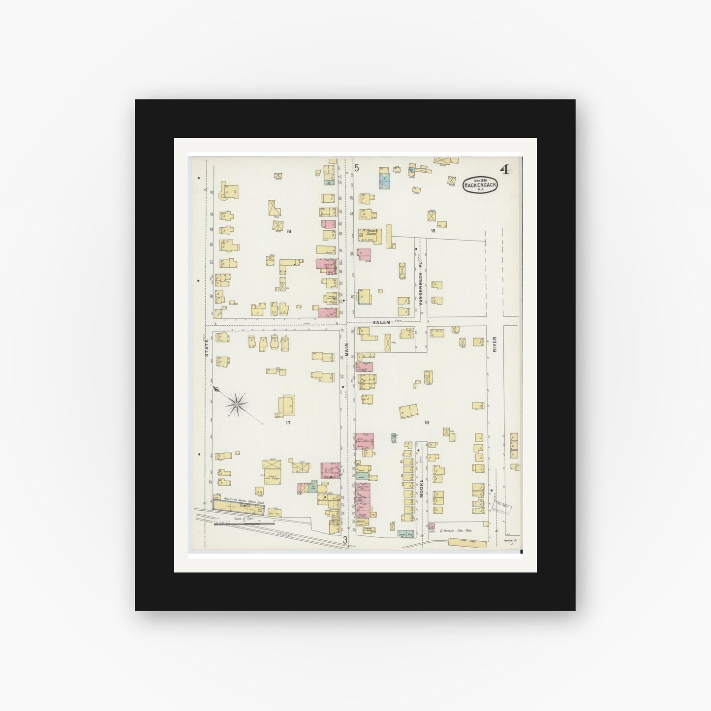 Old map wall art mockup — black gallery frame with white mat — Sanborn Fire Insurance Map from Hackensack, Bergen County, New Jersey (1896), Sheet #0004