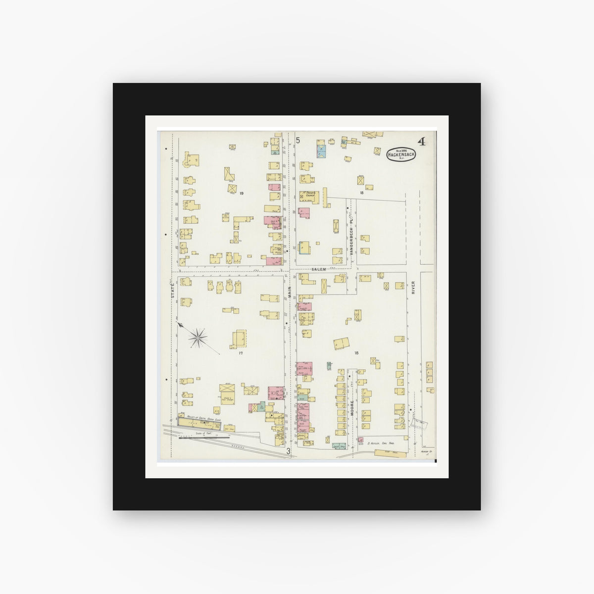 Old map wall art mockup — black gallery frame with white mat — Sanborn Fire Insurance Map from Hackensack, Bergen County, New Jersey (1896), Sheet #0004