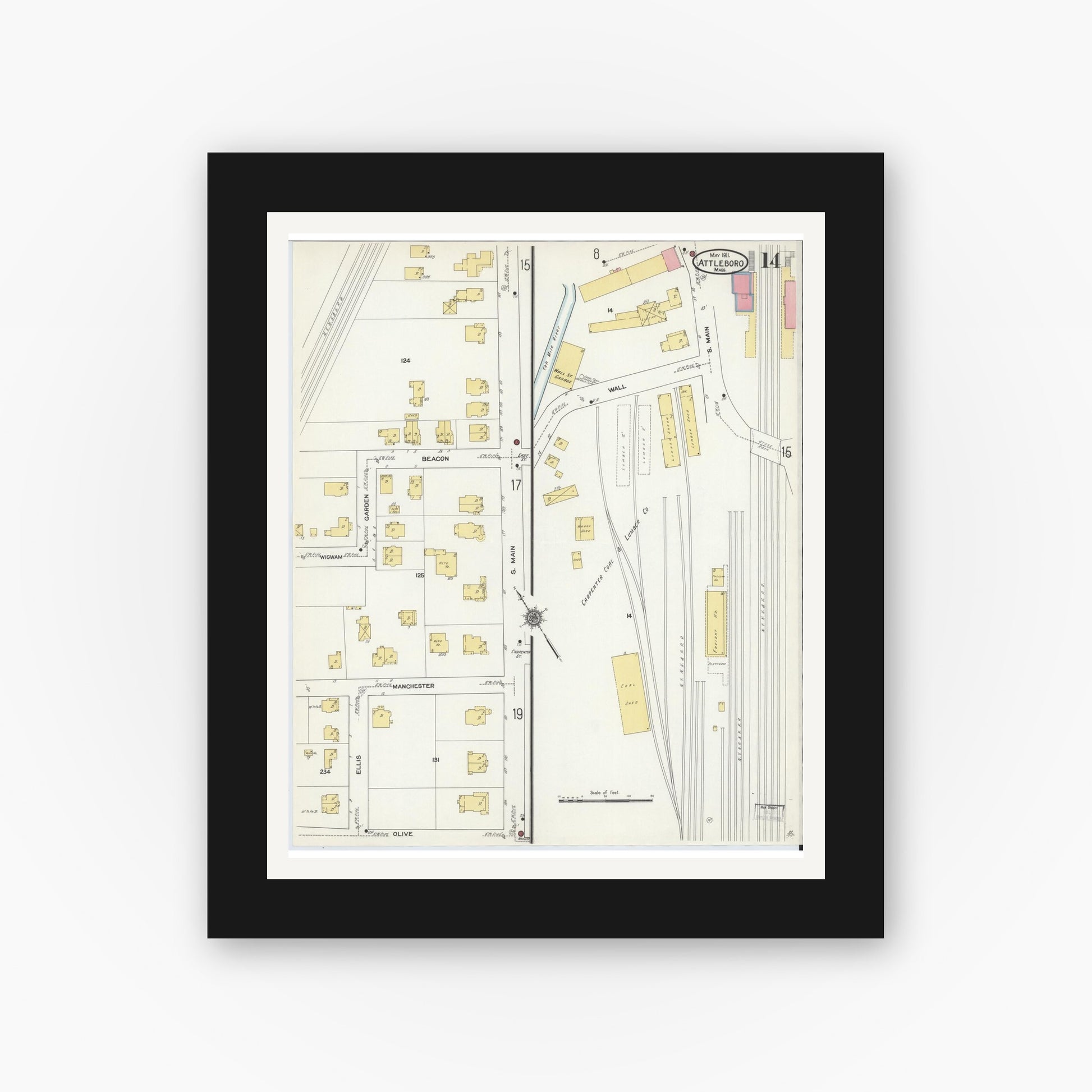 Old map wall art mockup — black gallery frame with white mat — Sanborn Fire Insurance Map from Attleboro, Bristol County, Massachusetts (1911), Sheet #0014