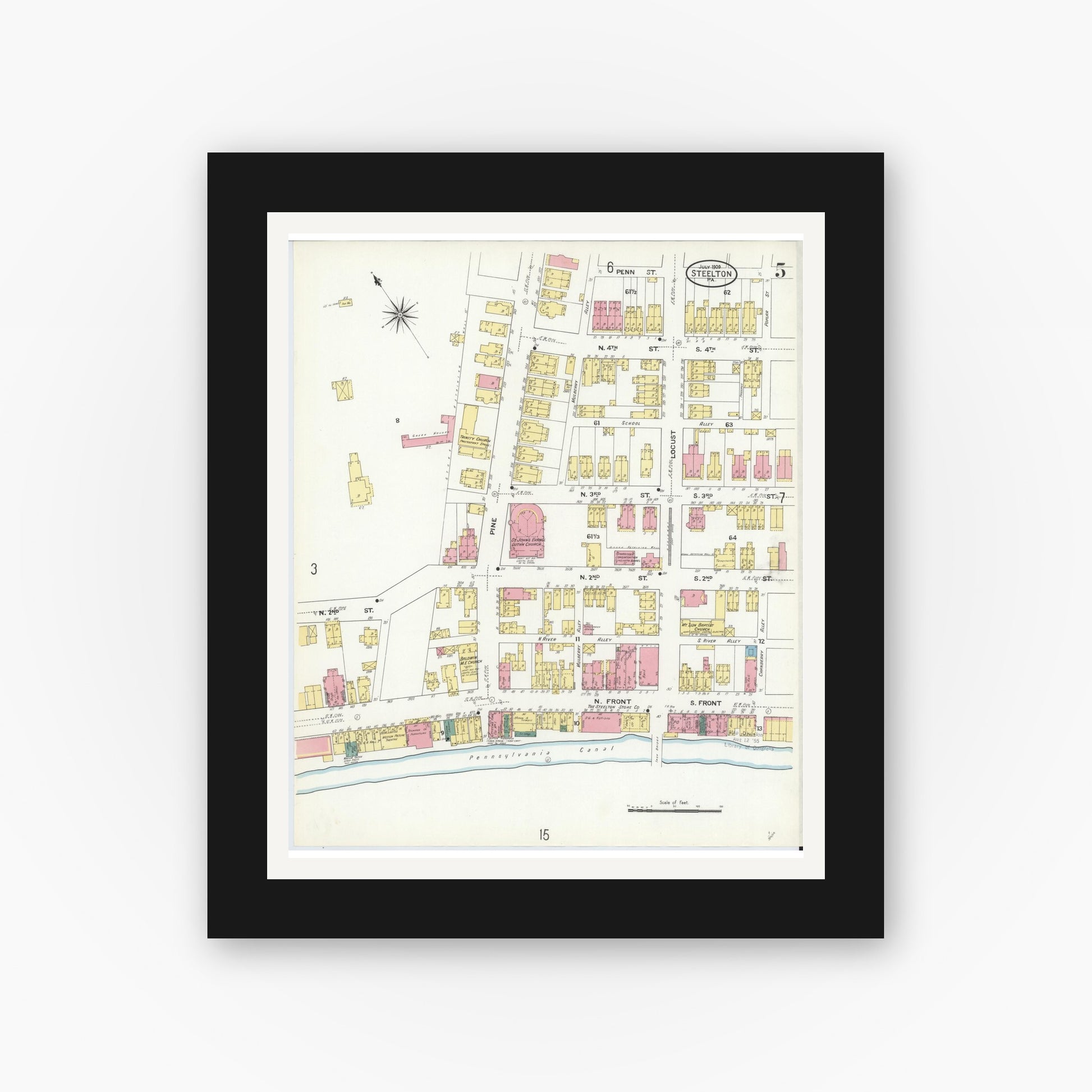Old map wall art mockup — black gallery frame with white mat — Sanborn Fire Insurance Map from Steelton, Dauphin County, Pennsylvania (1909), Sheet #0005