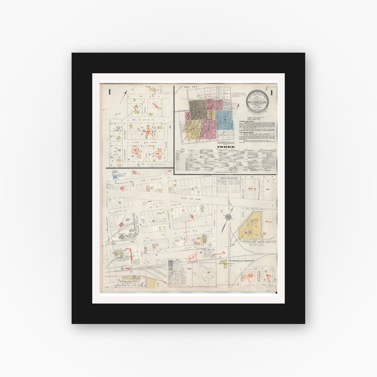 Old map wall art mockup — black gallery frame with white mat — Sanborn Fire Insurance Map from McGregor, McLennan County, Texas (1942) - Complete Map Set