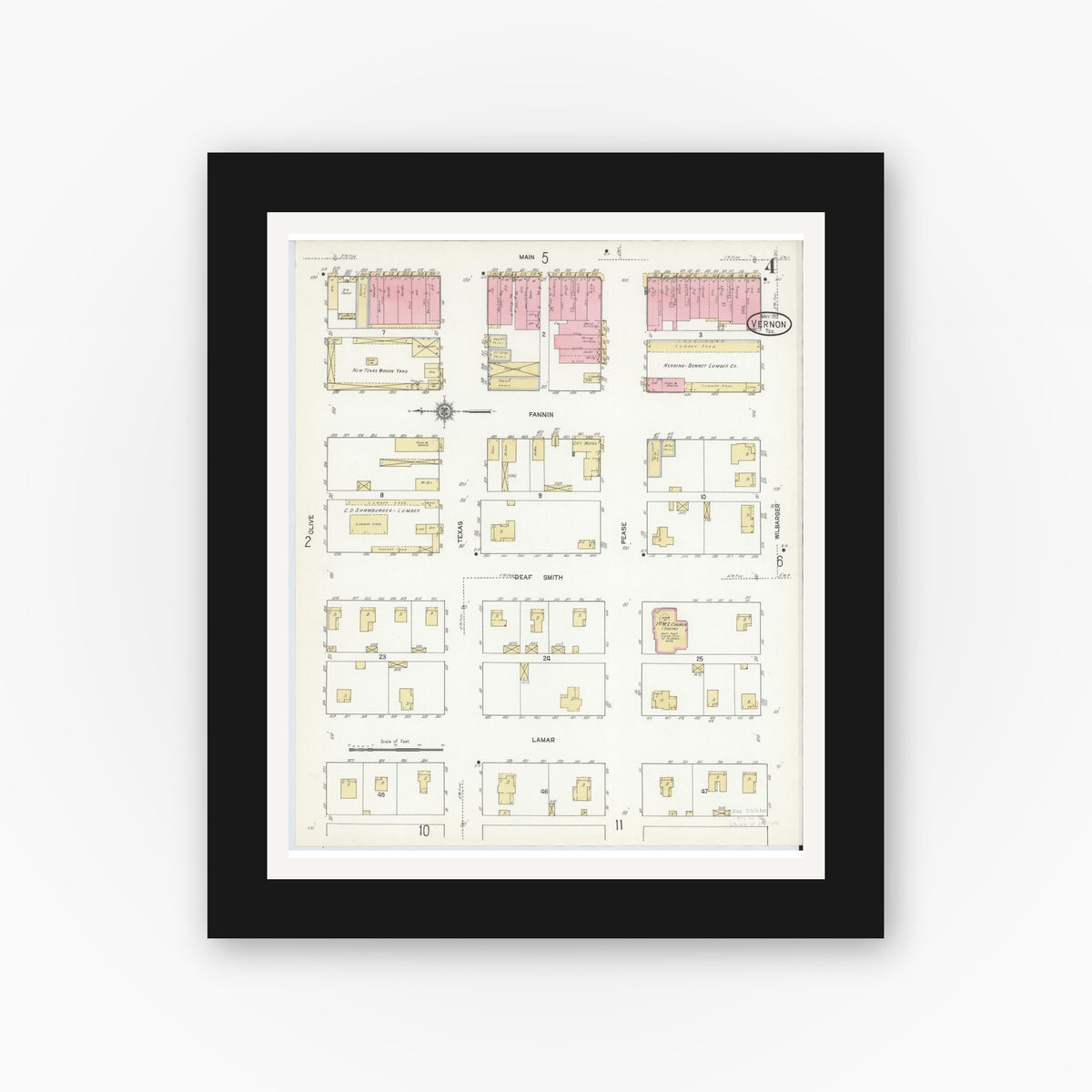 Old map wall art mockup — black gallery frame with white mat — Sanborn Fire Insurance Map from Vernon, Wilbarger County, Texas (1912), Sheet #0004